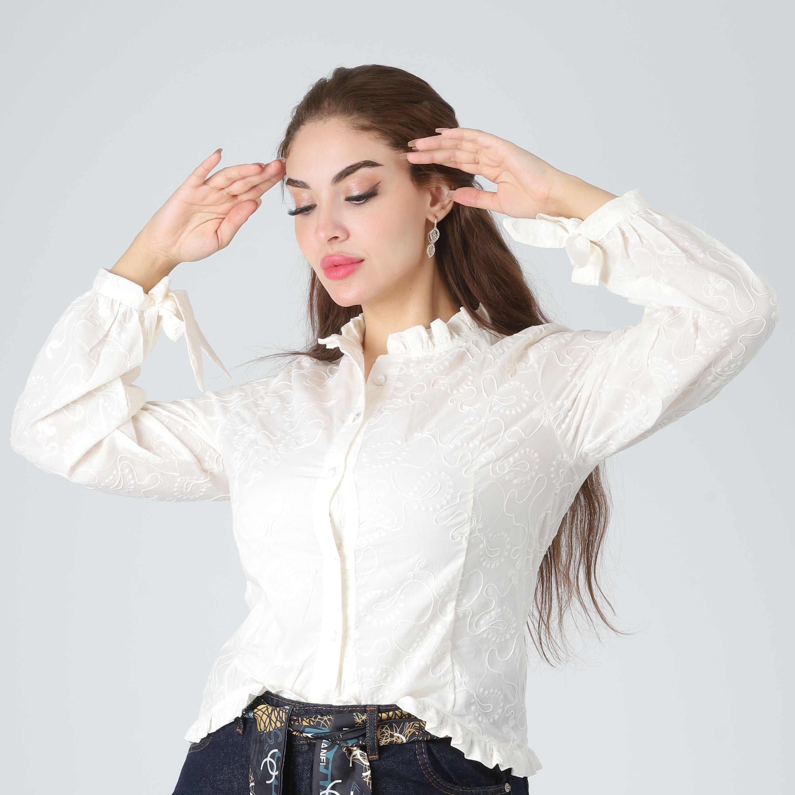Embroidered Button-Up Blouse 10128698