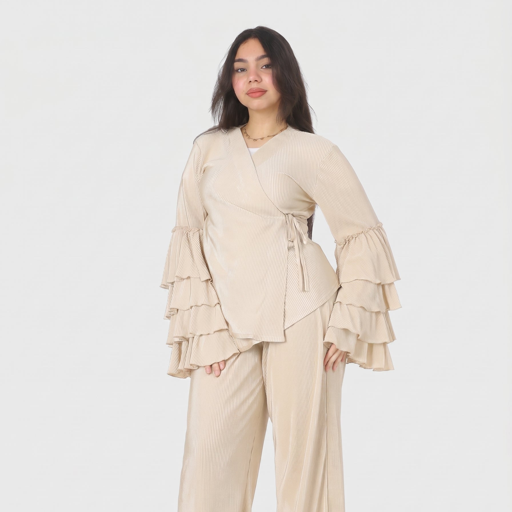 Metallic Wrap Blouse & Wide-Leg Pants Ensemble 2002/068/3