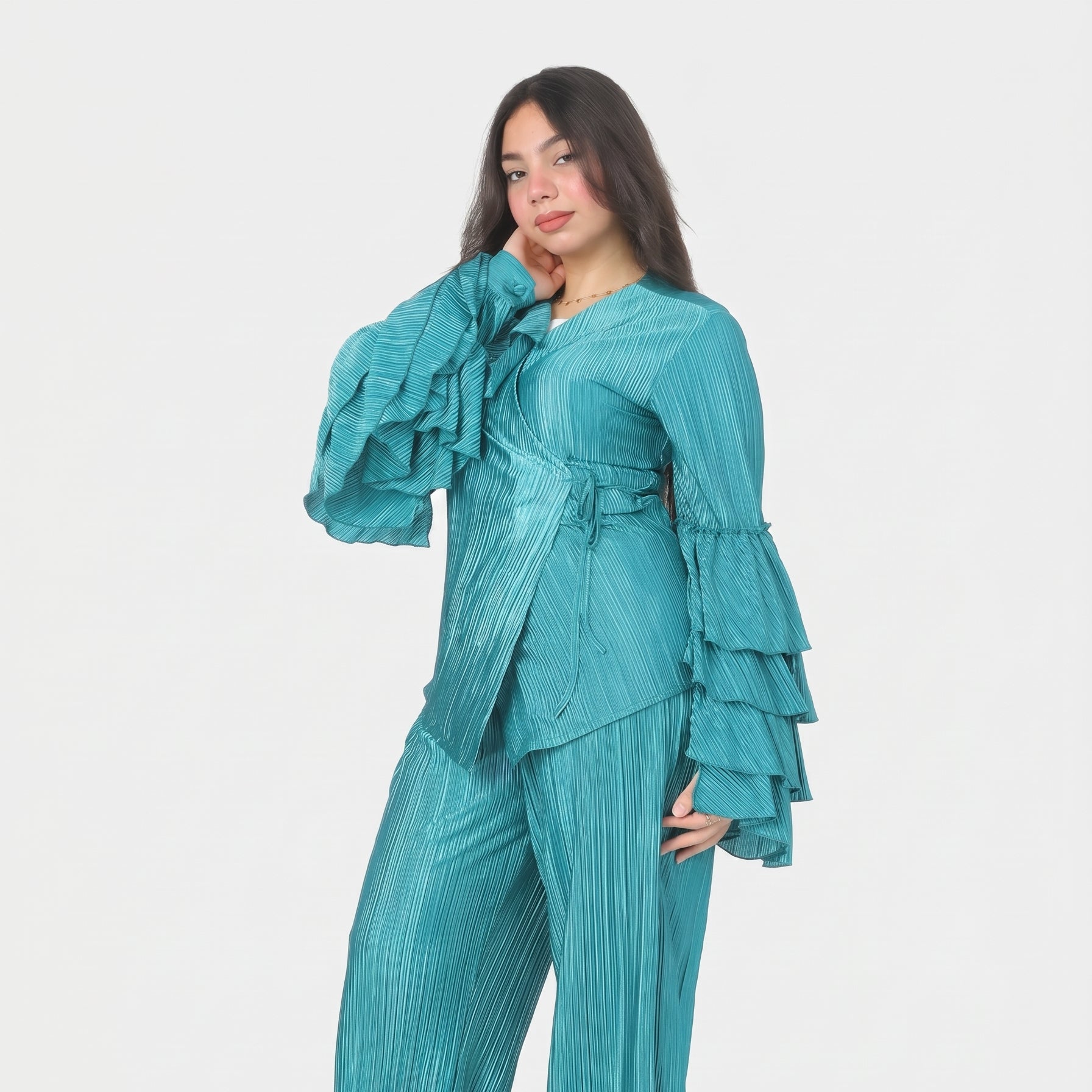 Metallic Wrap Blouse & Wide-Leg Pants Ensemble 2002/068/3