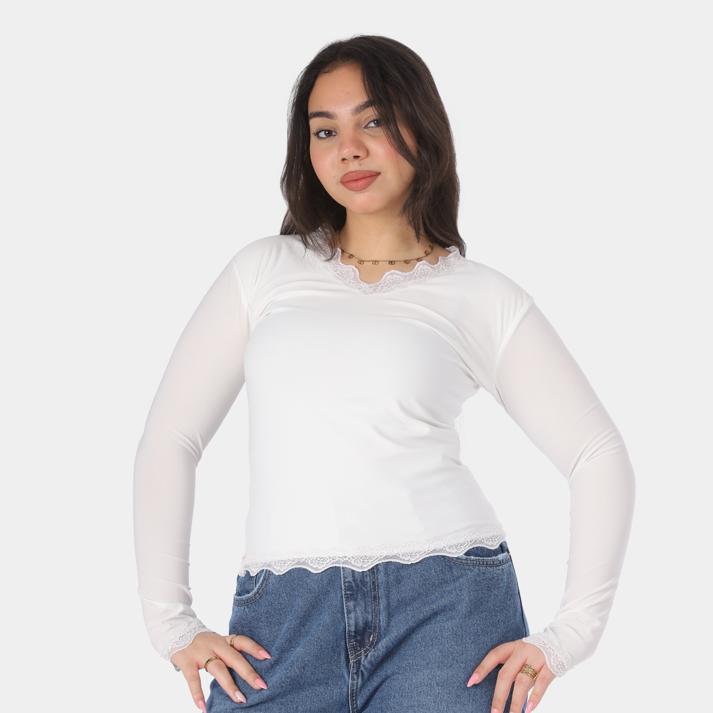 Basic V-Neck Lace Trim Top 2011/176