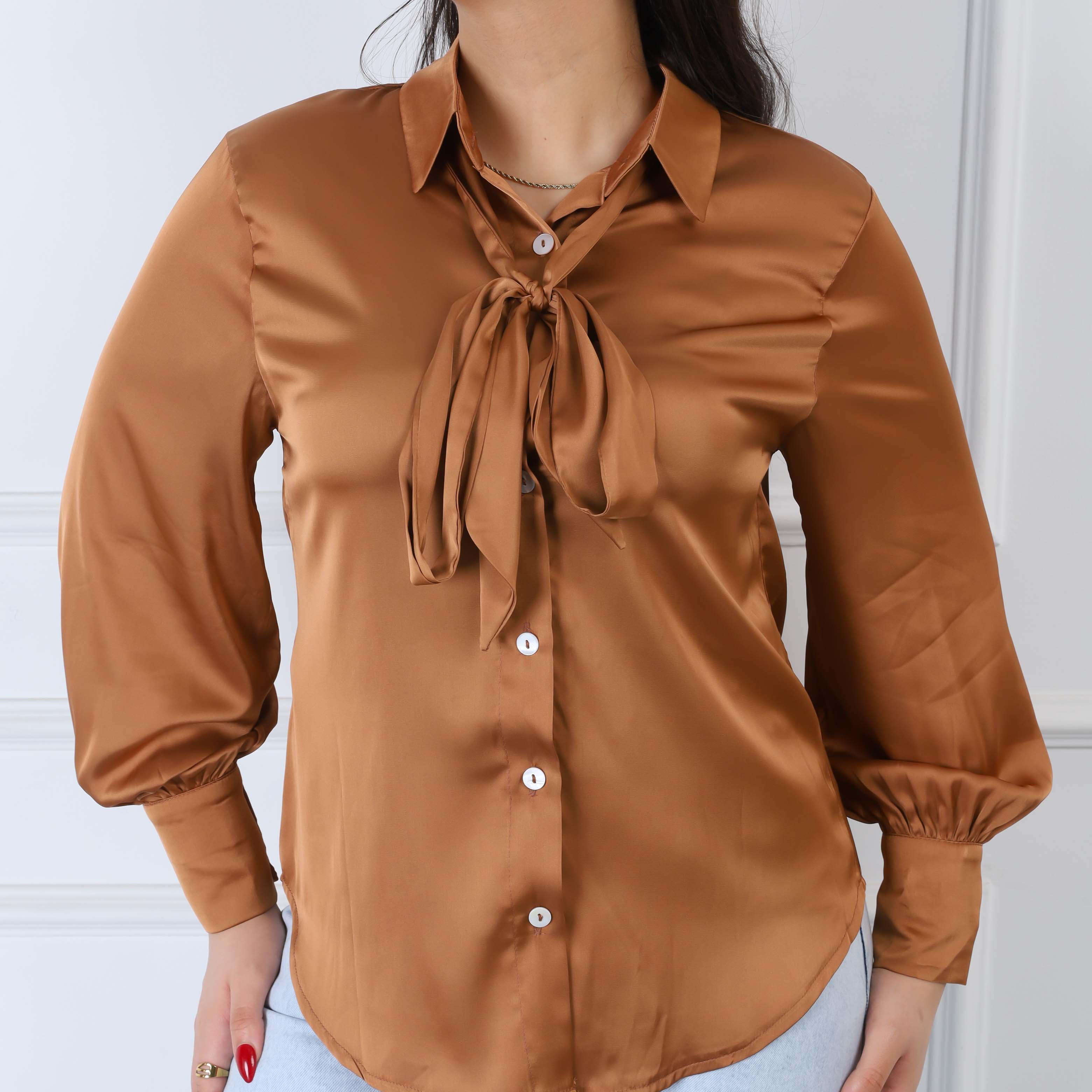 Satin Shirt with Puff Sleeves & Neck Tie s1502321/1