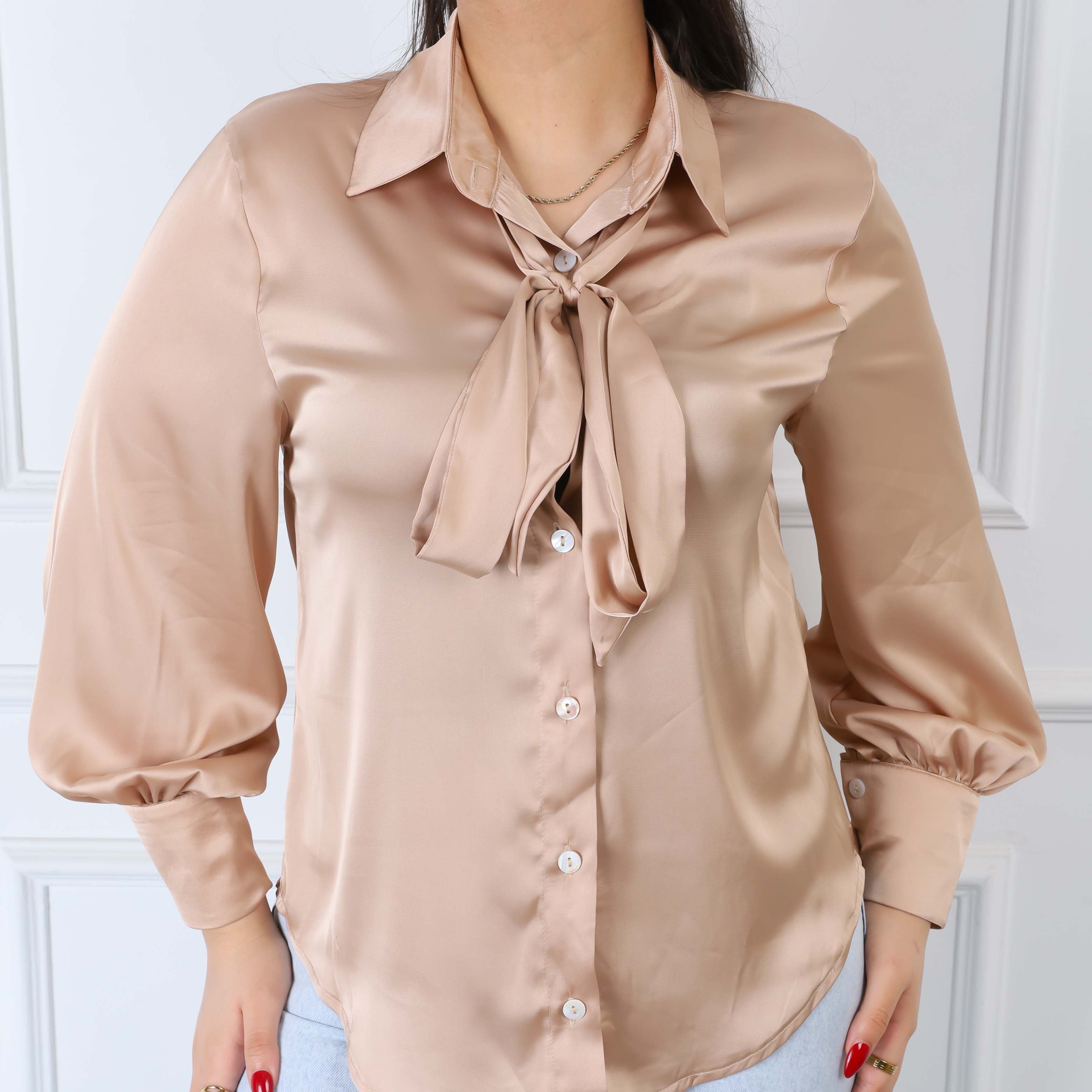 Satin Shirt with Puff Sleeves & Neck Tie s1502321/1