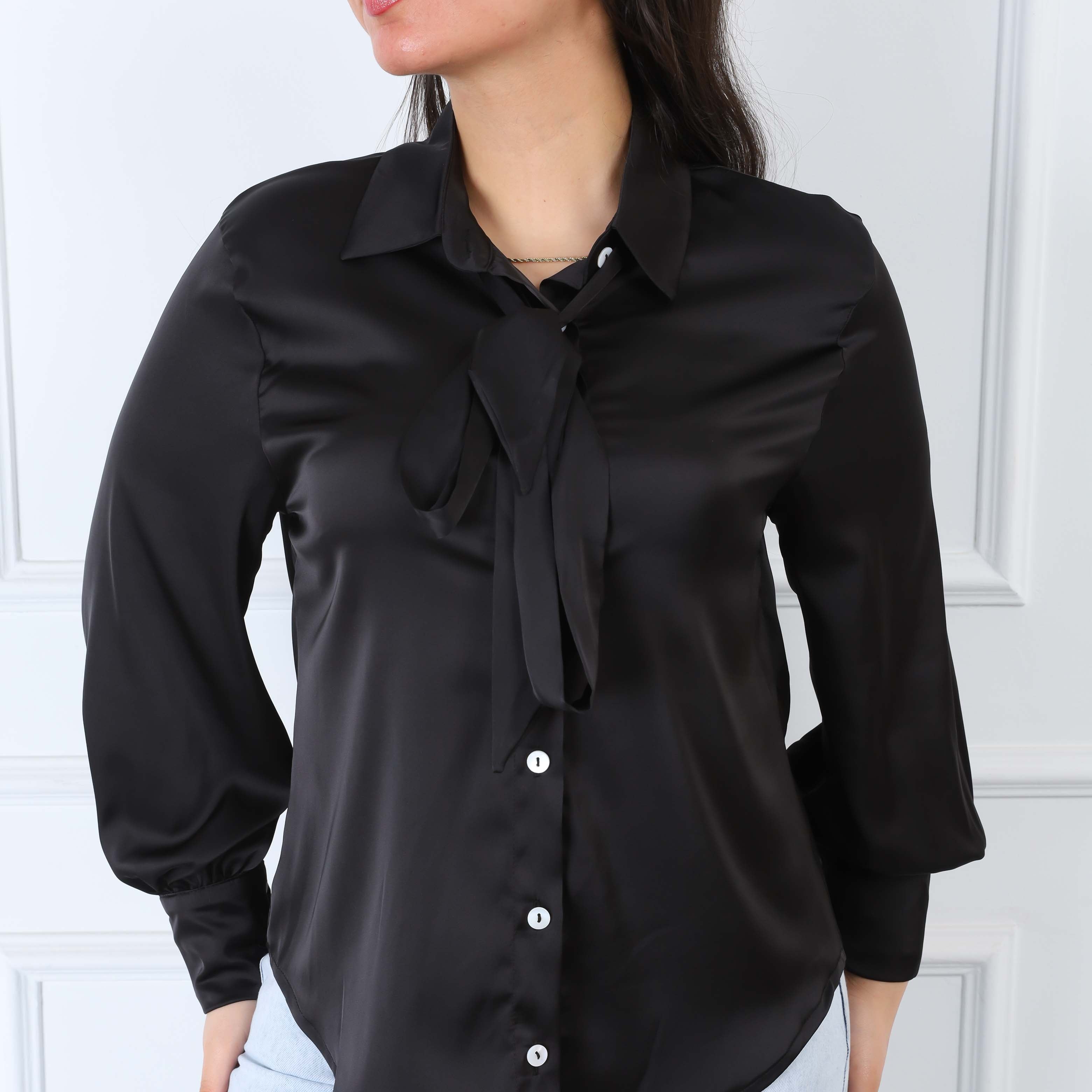 Satin Shirt with Puff Sleeves & Neck Tie s1502321/1