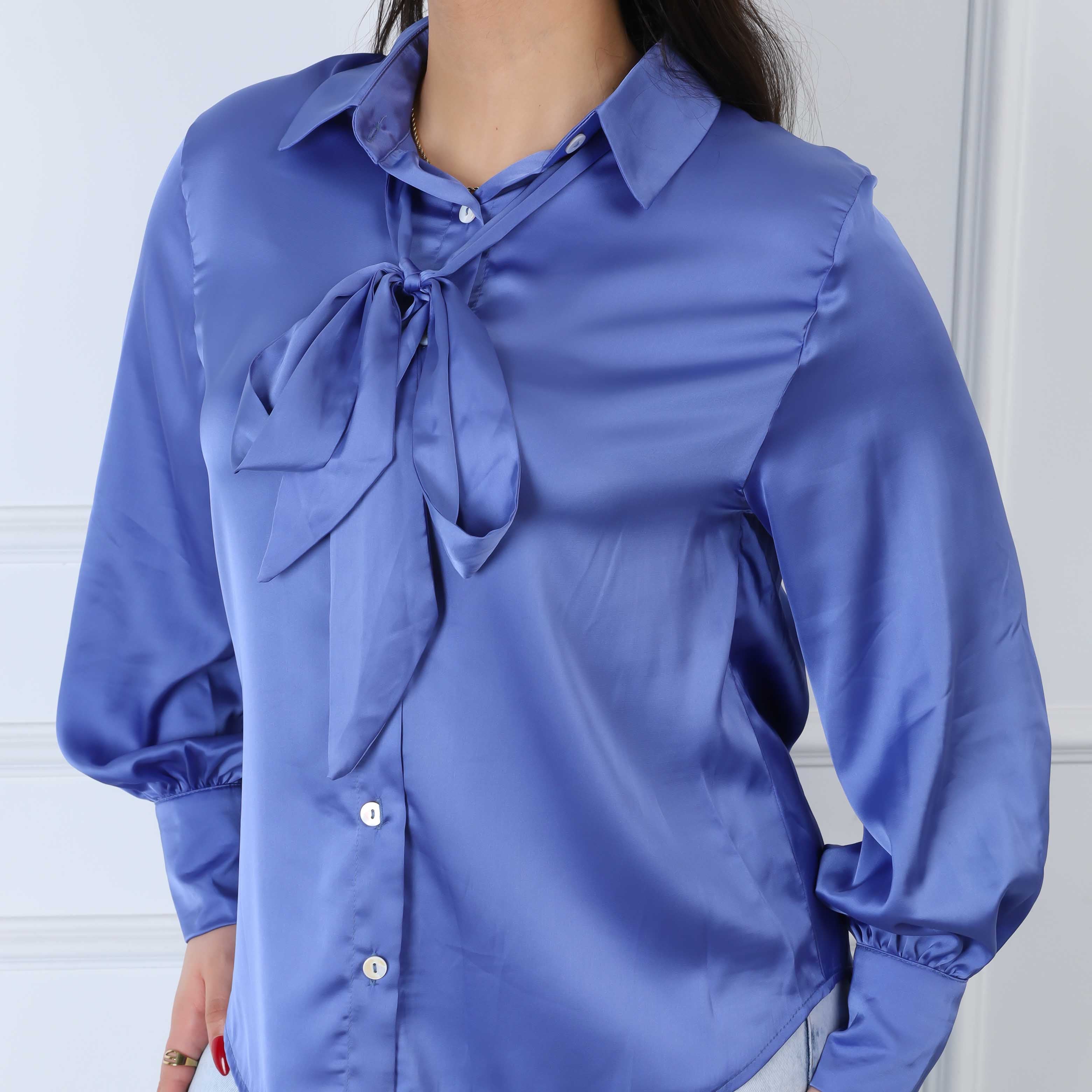Satin Shirt with Puff Sleeves & Neck Tie s1502321/1