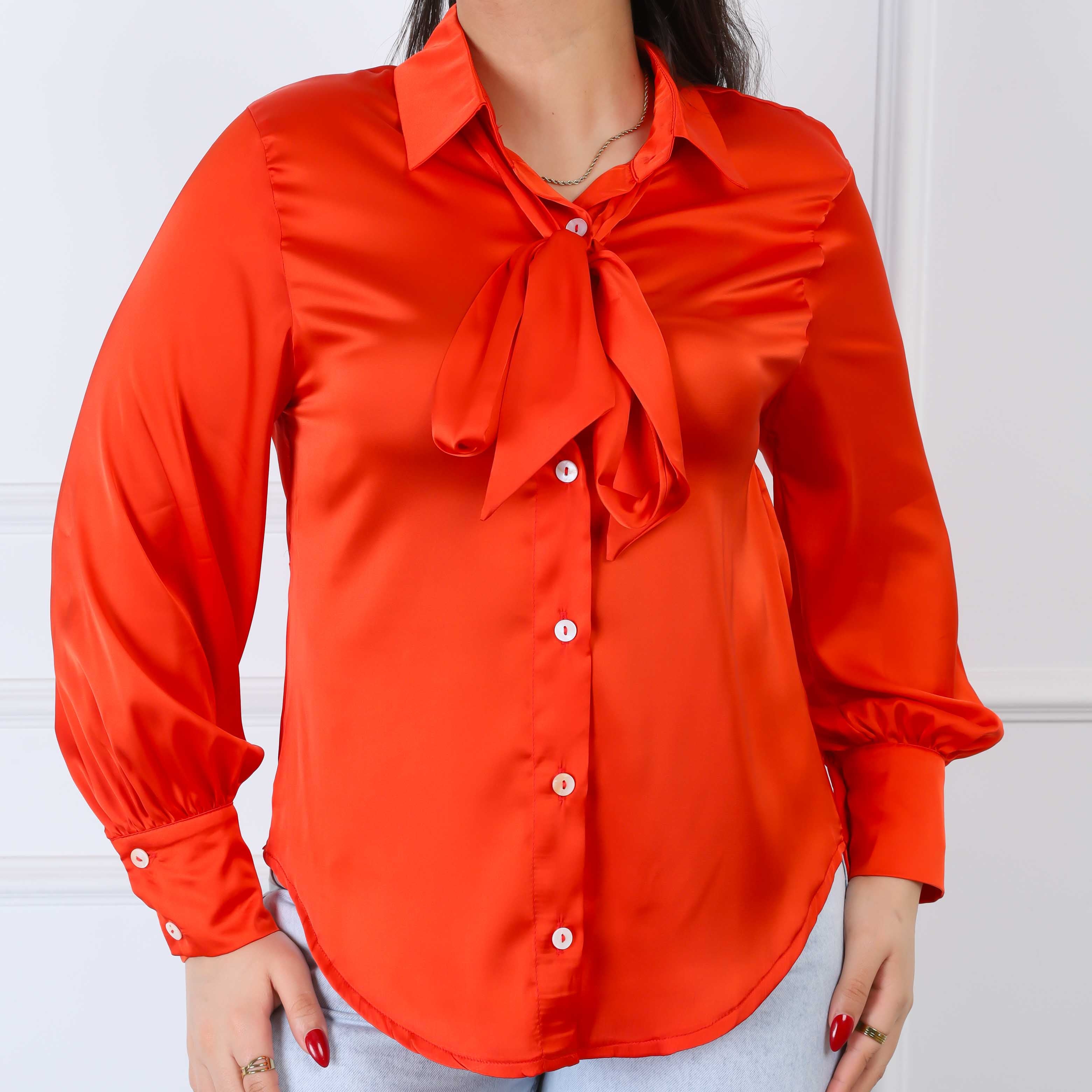 Satin Shirt with Puff Sleeves & Neck Tie s1502321/1