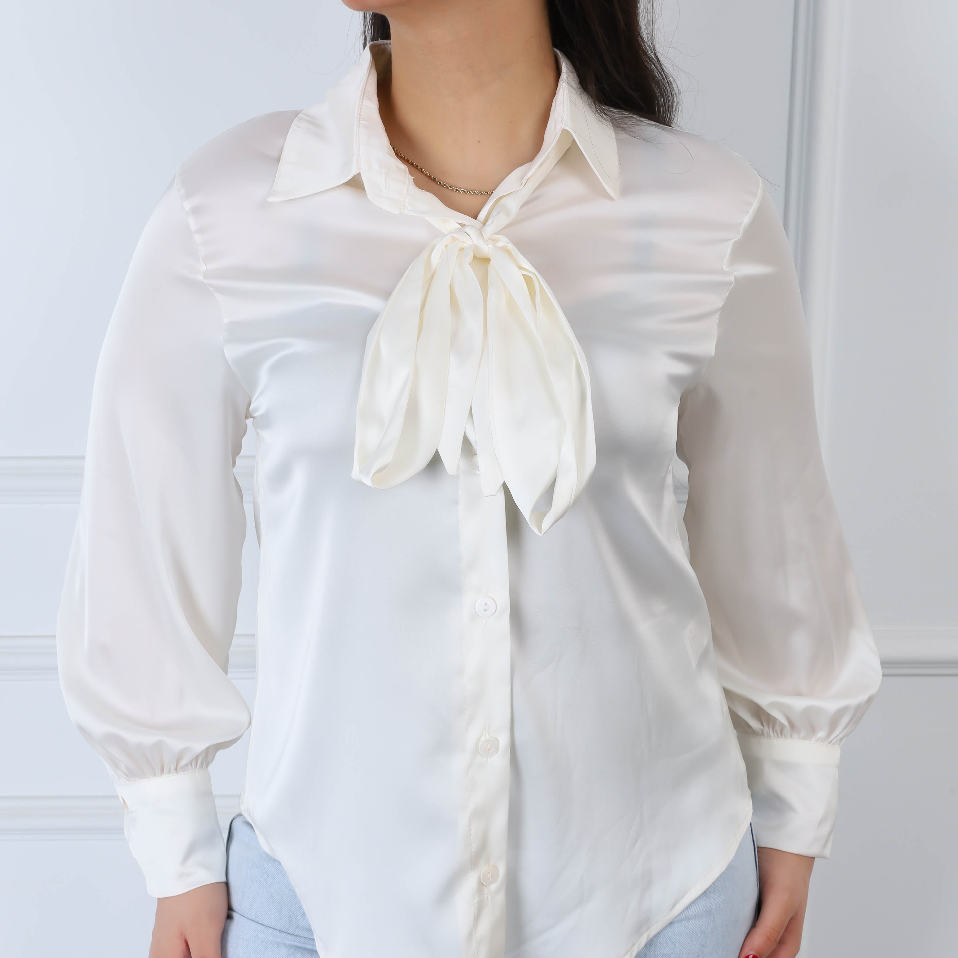 Satin Shirt with Puff Sleeves & Neck Tie s1502321/1