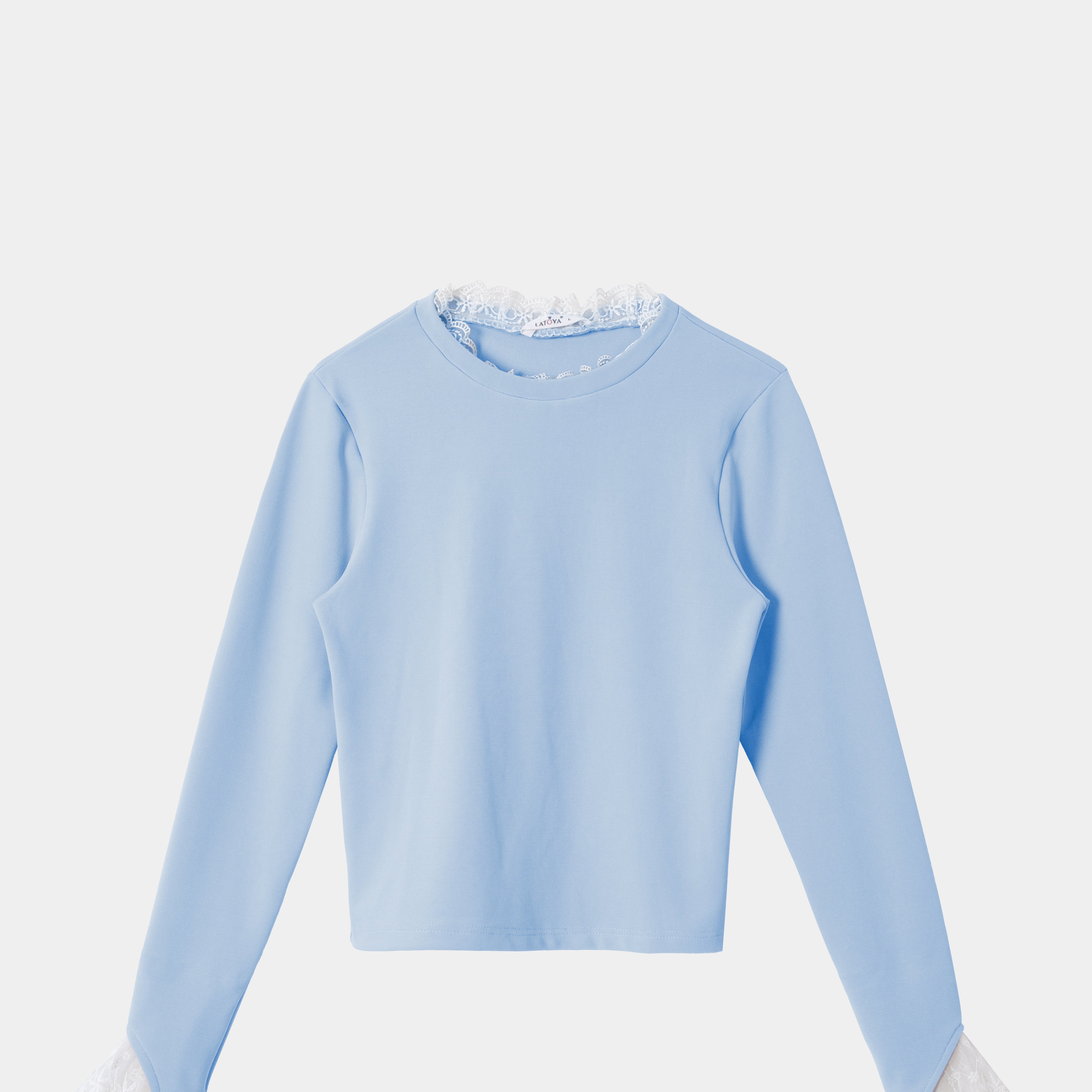 Ruffled Ribbed Knit Lace-Trim Blouse s15183000