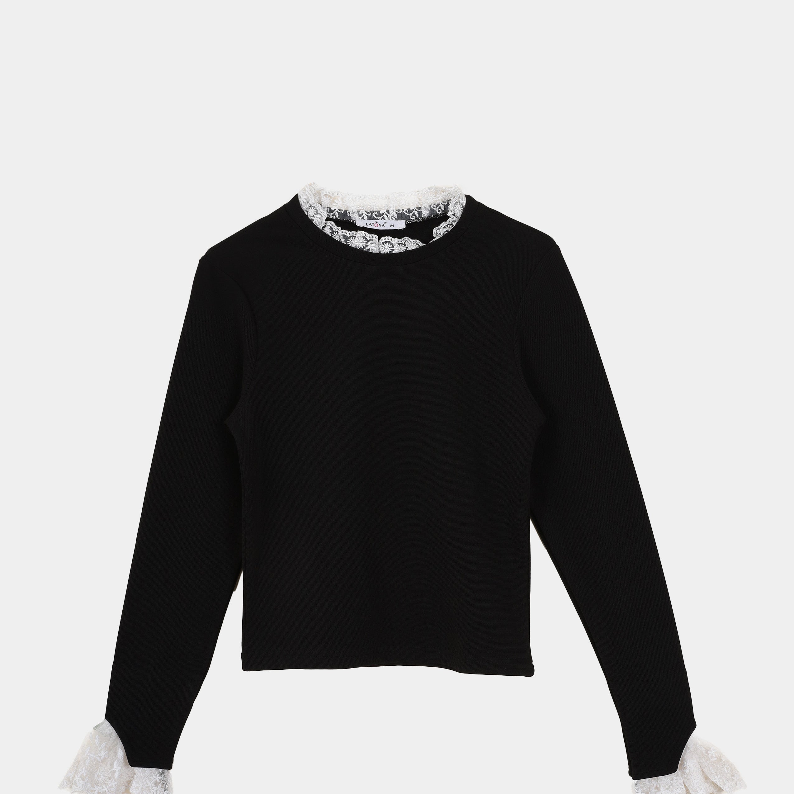 Ruffled Ribbed Knit Lace-Trim Blouse s15183000