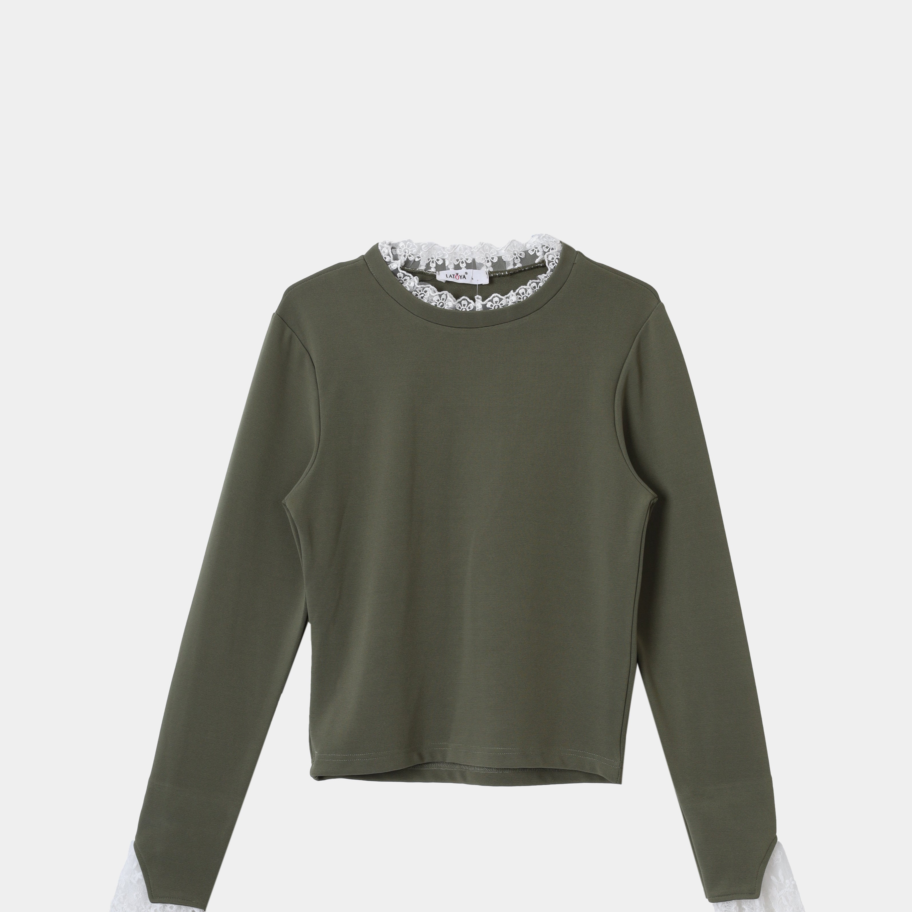 Ruffled Ribbed Knit Lace-Trim Blouse s15183000