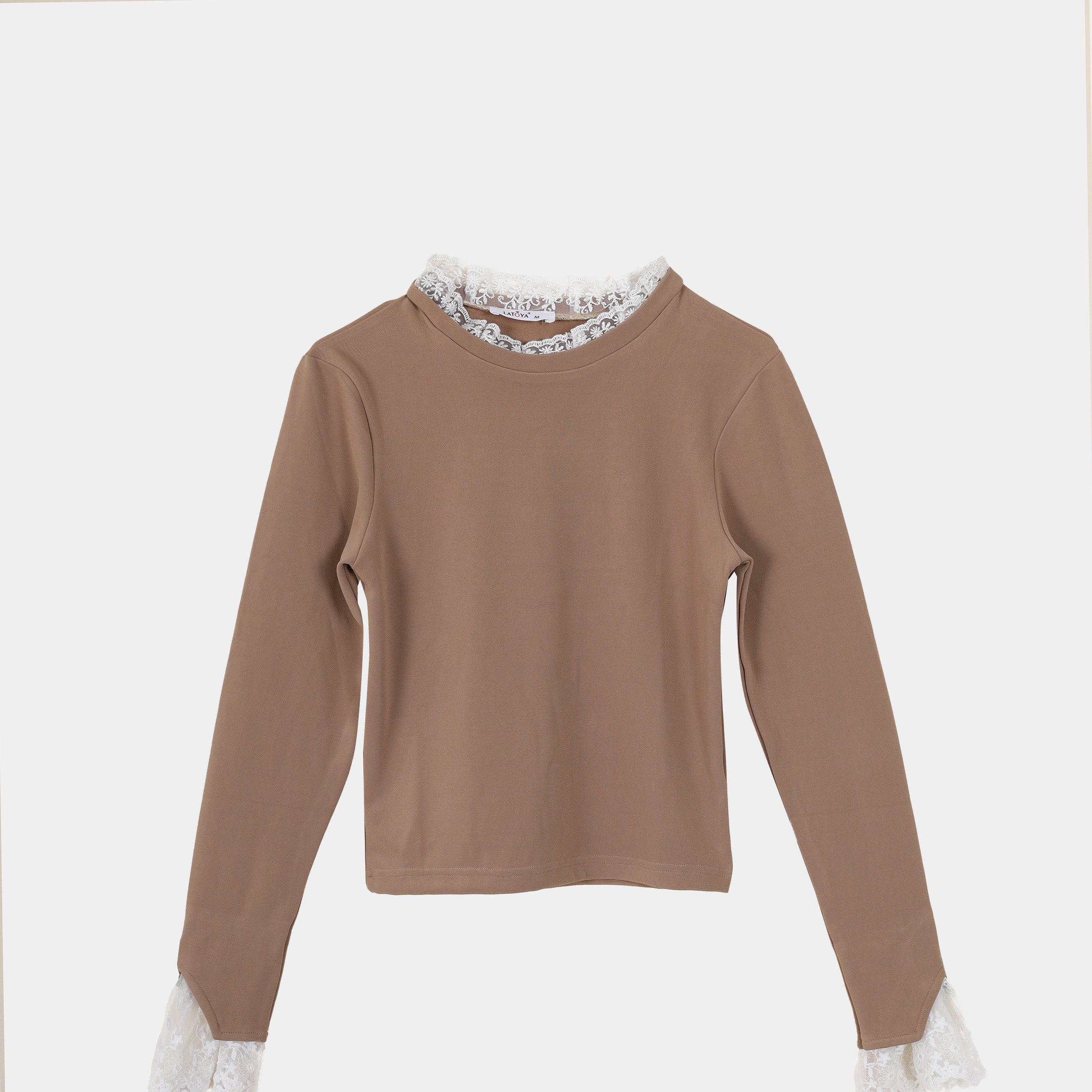 Ruffled Ribbed Knit Lace-Trim Blouse s15183000
