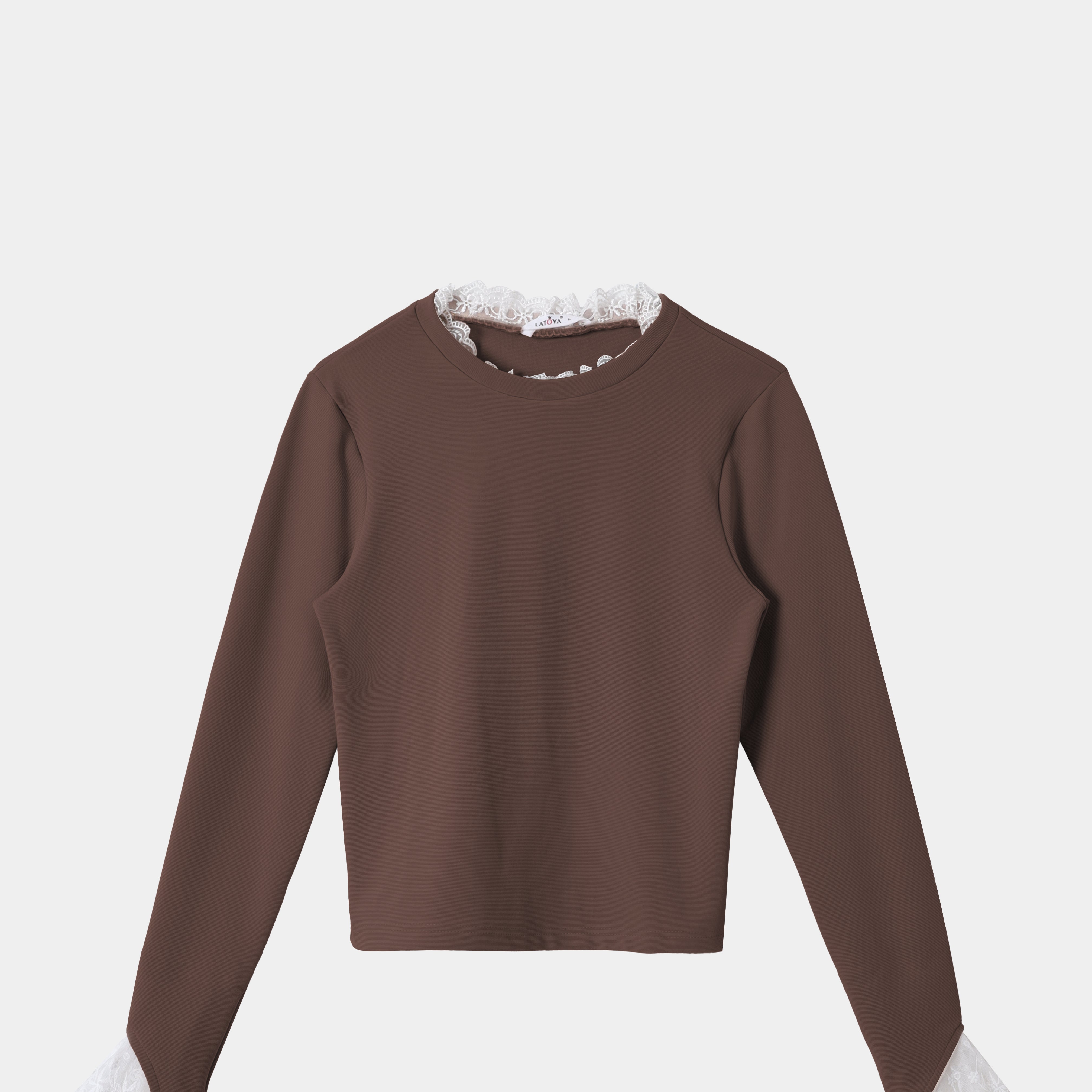 Ruffled Ribbed Knit Lace-Trim Blouse s15183000