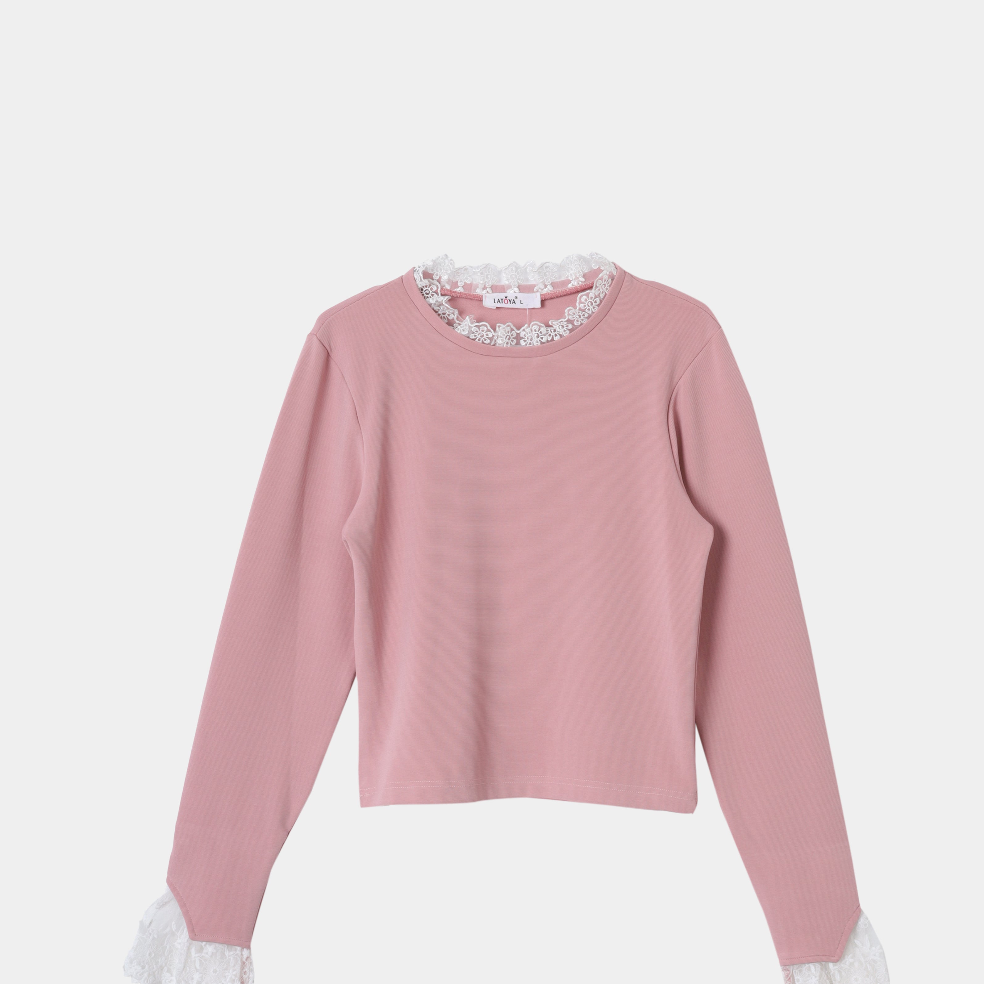 Ruffled Ribbed Knit Lace-Trim Blouse s15183000