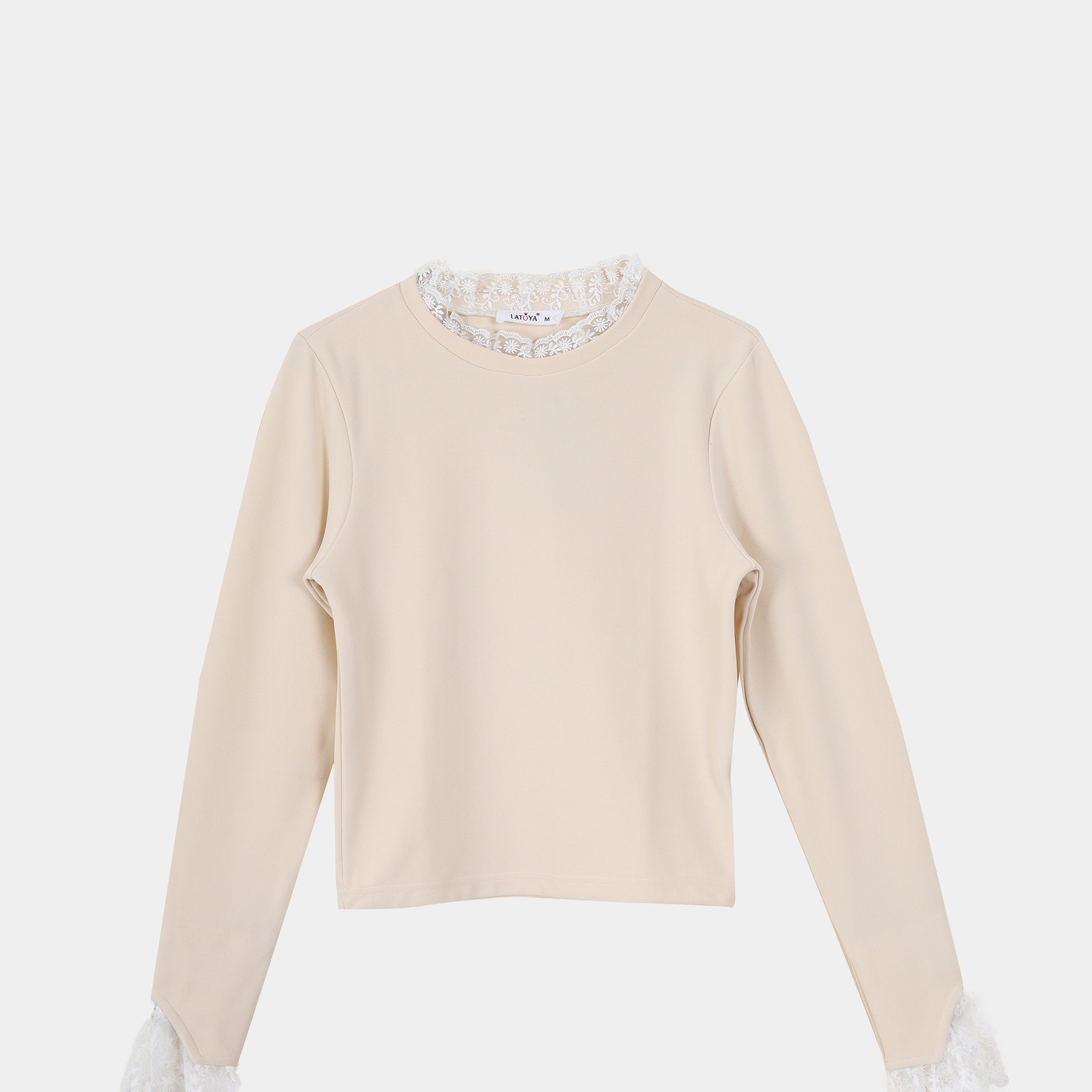 Ruffled Ribbed Knit Lace-Trim Blouse s15183000