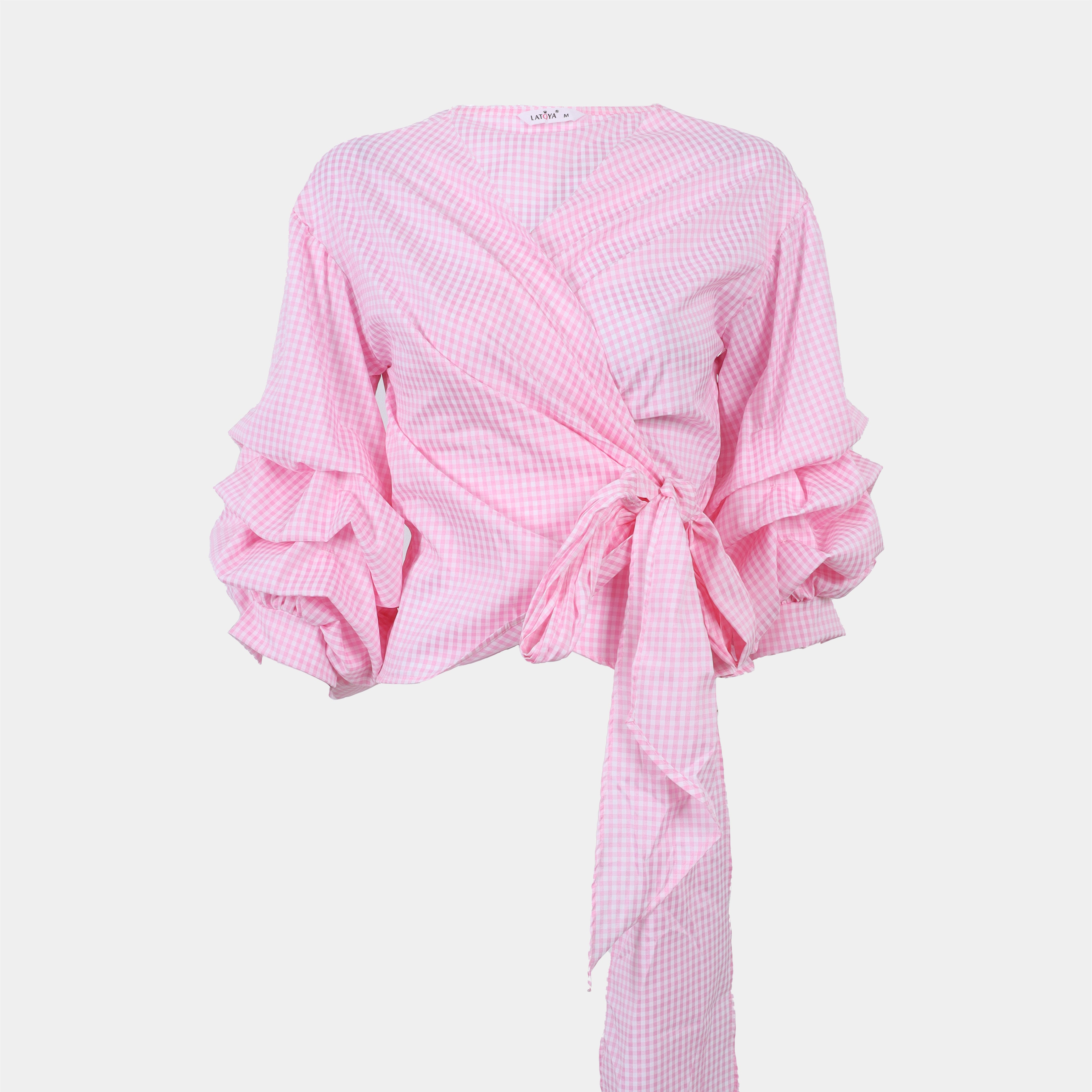 Gingham Wrap Blouse with Ruffle Sleeves s154230018