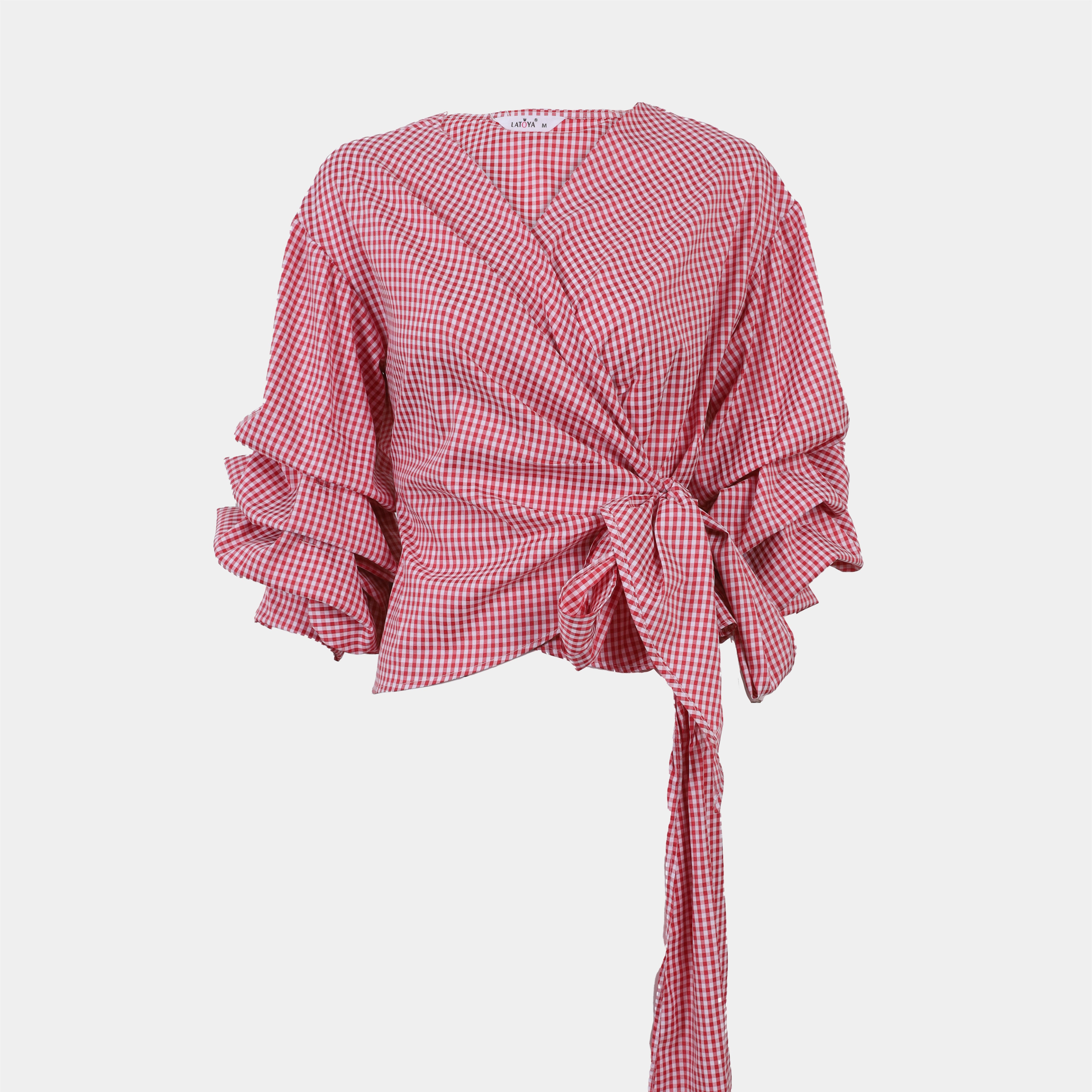 Gingham Wrap Blouse with Ruffle Sleeves s154230018