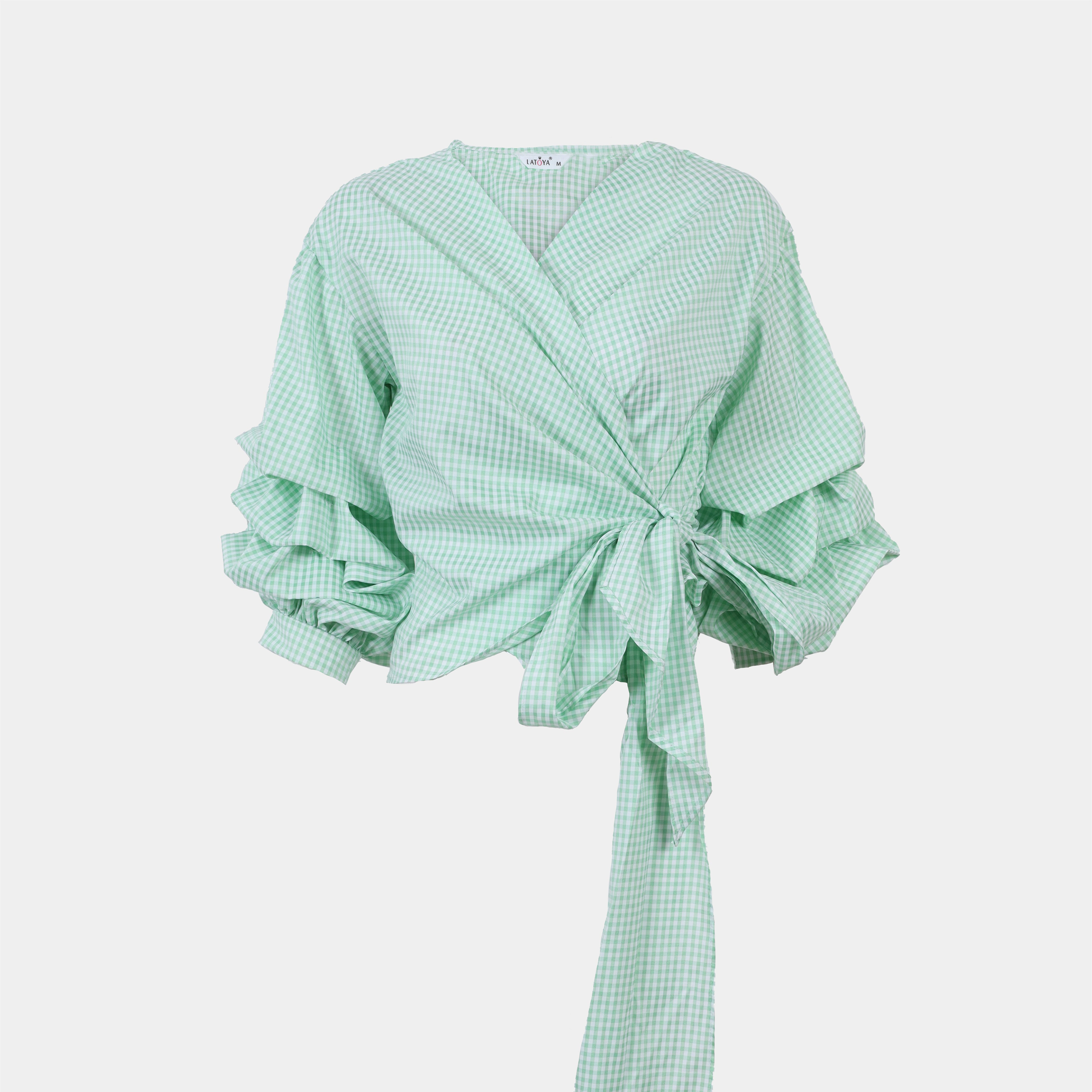 Gingham Wrap Blouse with Ruffle Sleeves s154230018