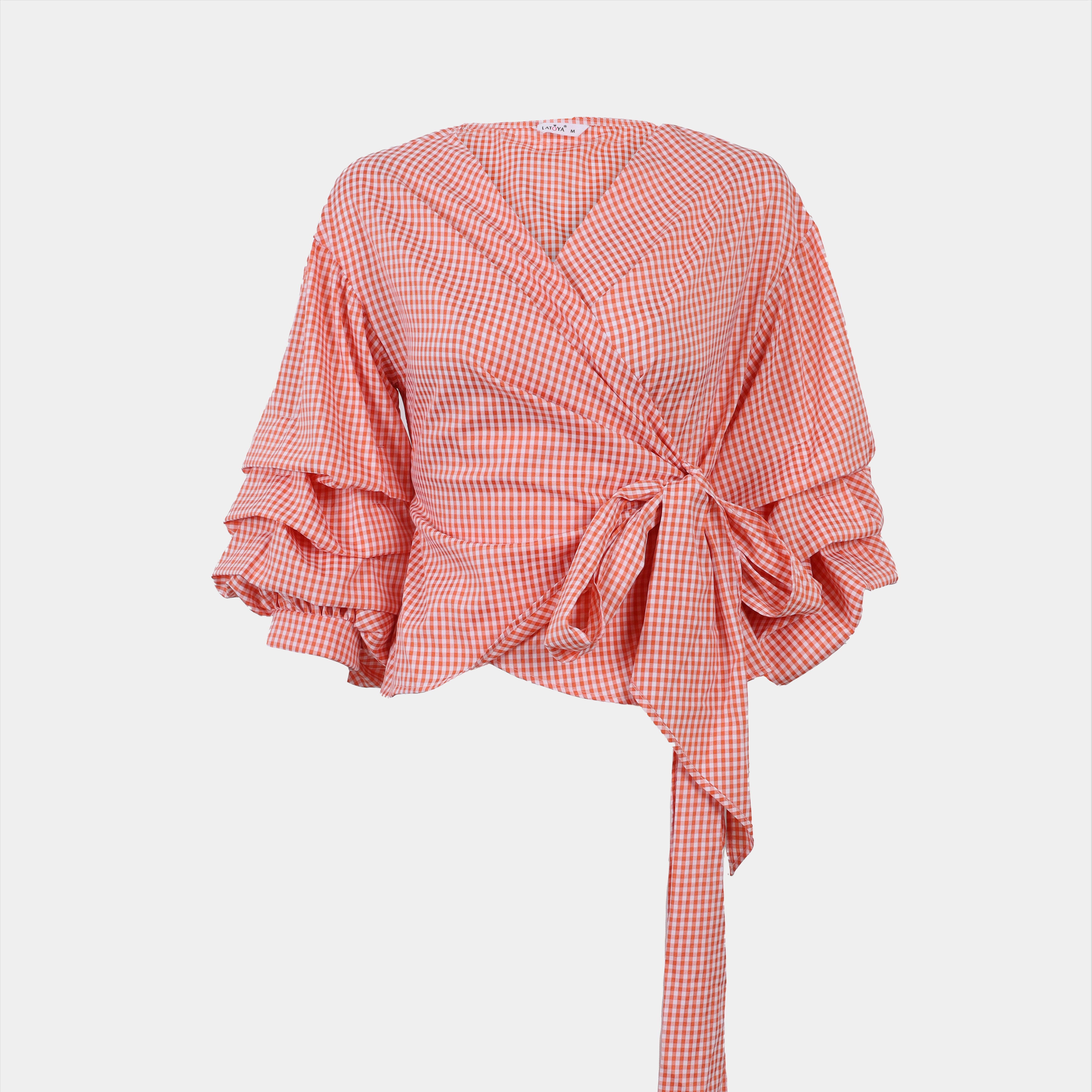 Gingham Wrap Blouse with Ruffle Sleeves s154230018