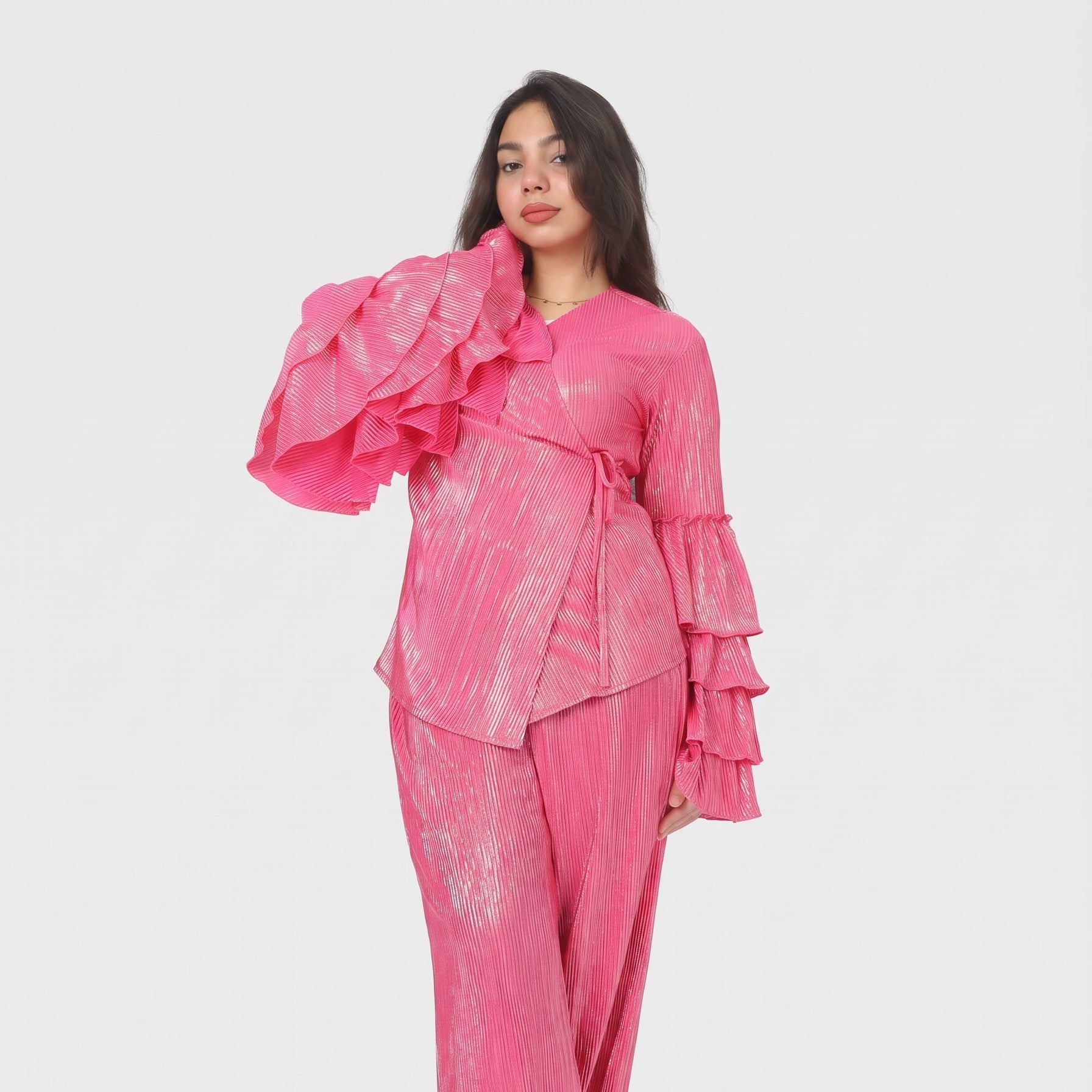 Metallic Wrap Blouse & Wide-Leg Pants Ensemble 2002/068/1