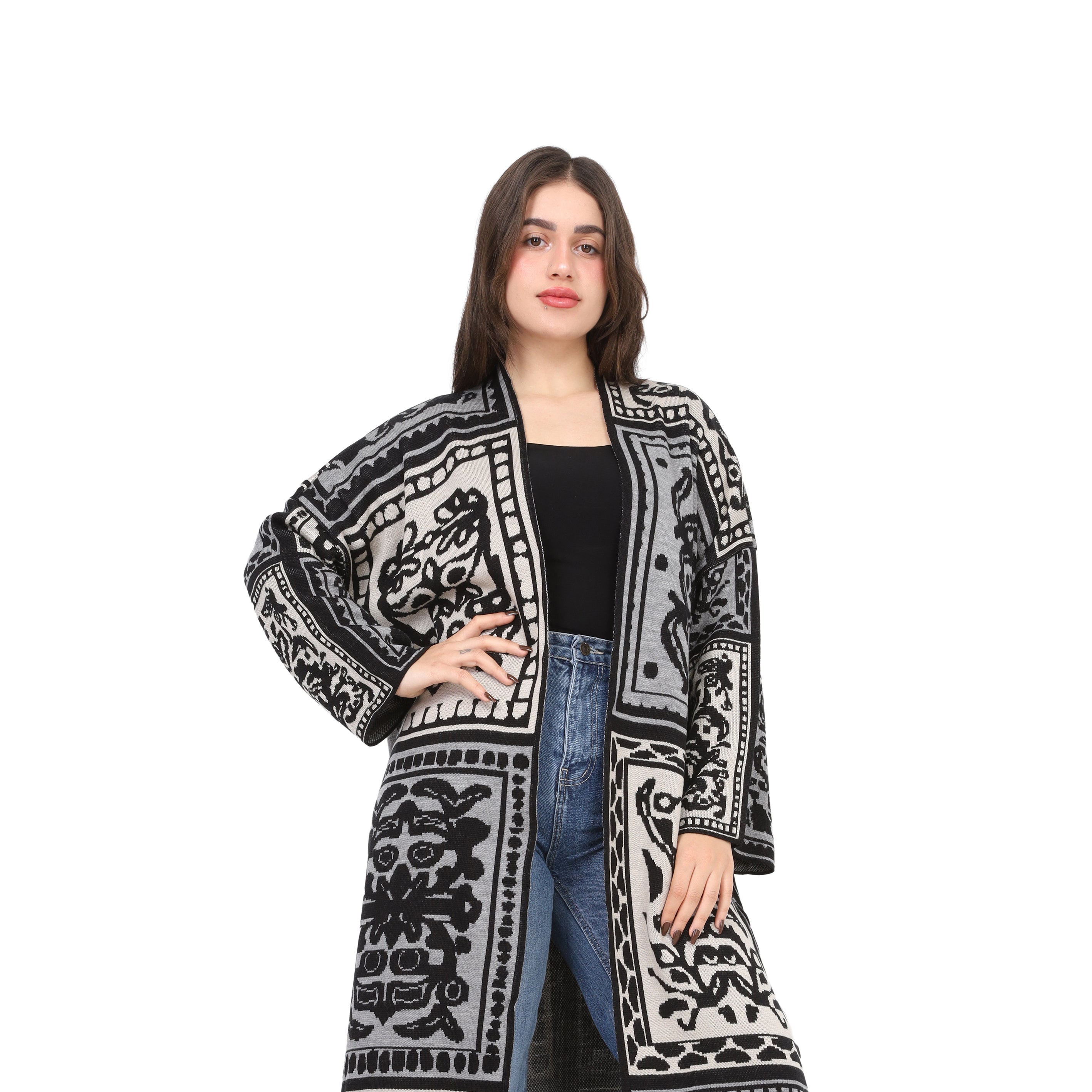 Open Front Patterned Maxi Cardigan 172200603