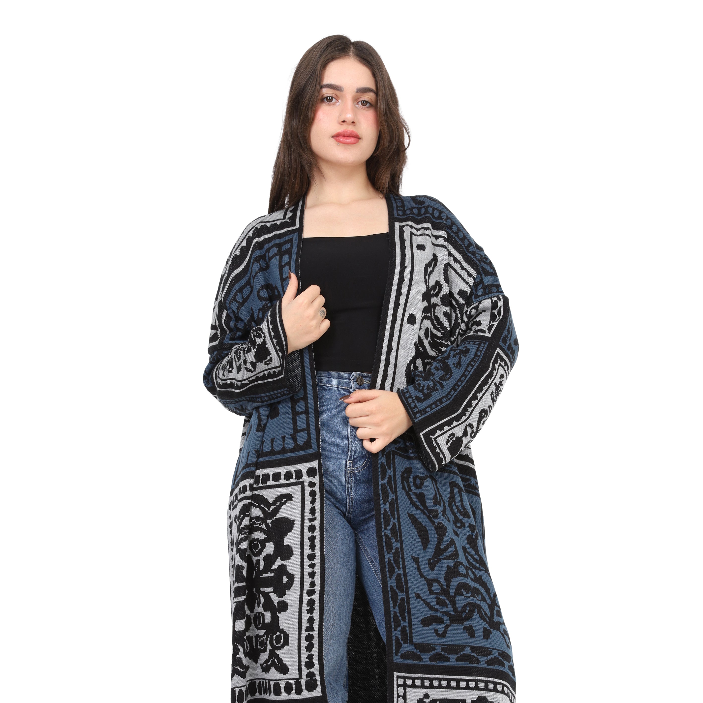 Open Front Patterned Maxi Cardigan 172200603