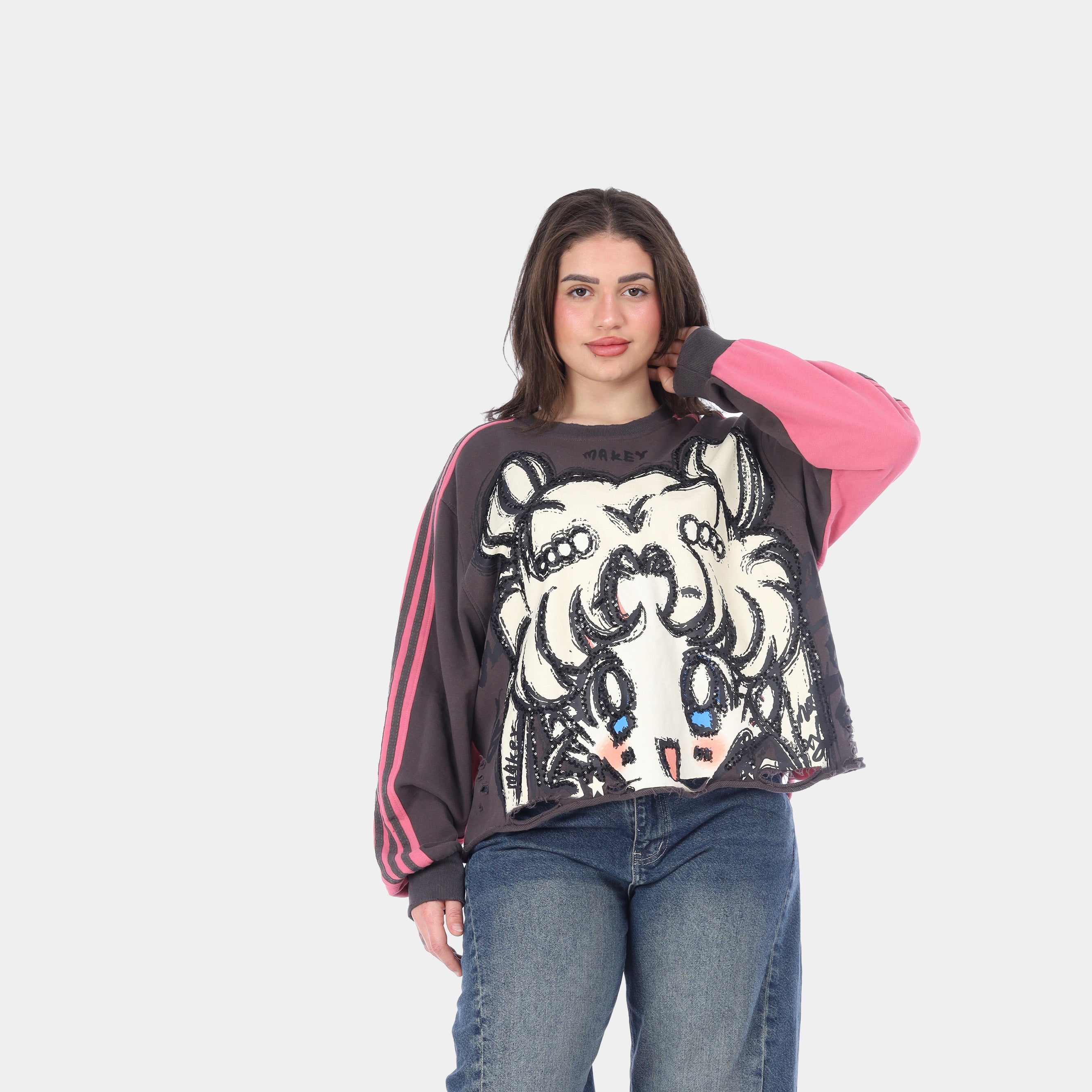 Oversized Cartoon Graphic Hoodie with Glitter Embroidery 17541122