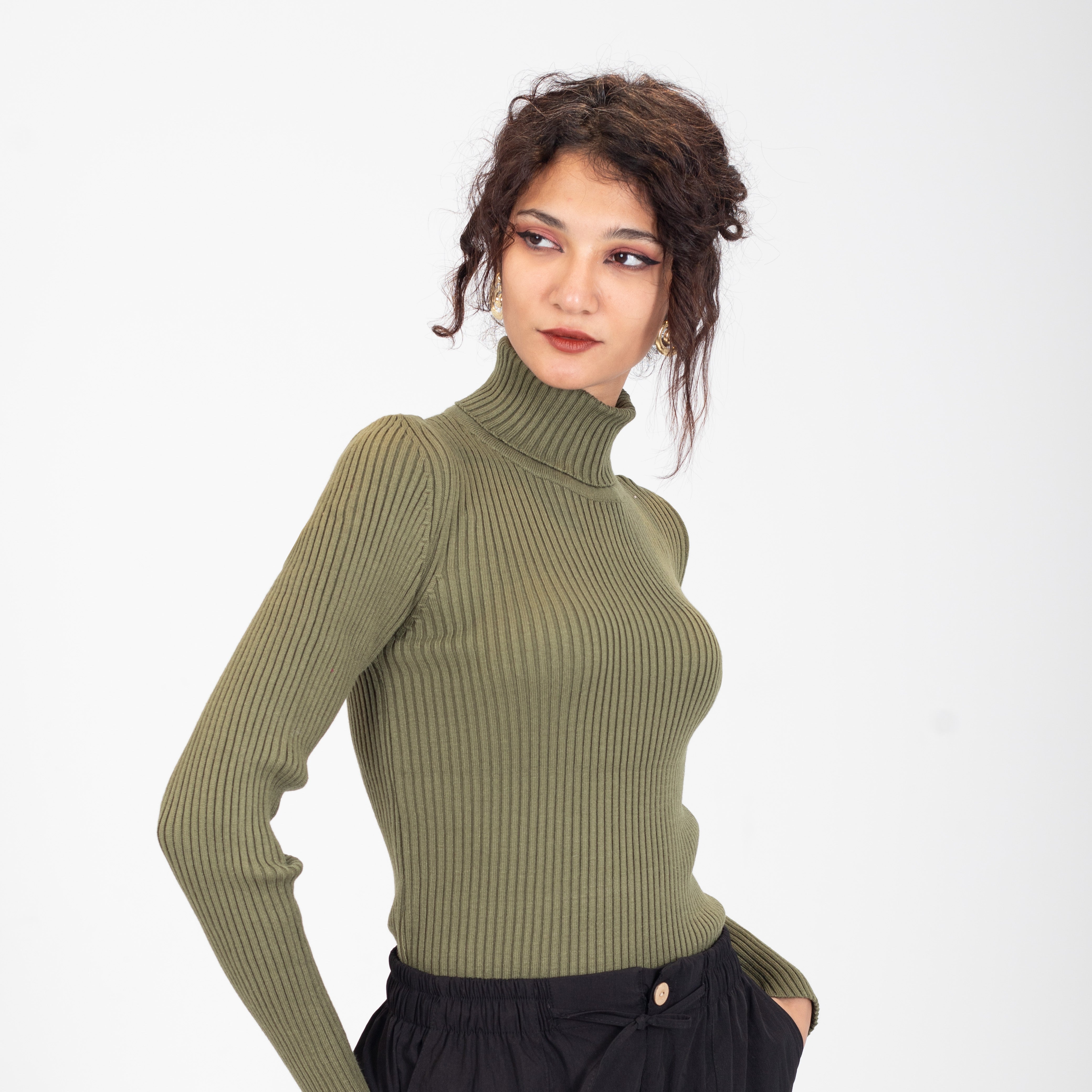 Ribbed Knit Turtleneck Basic Top w16321