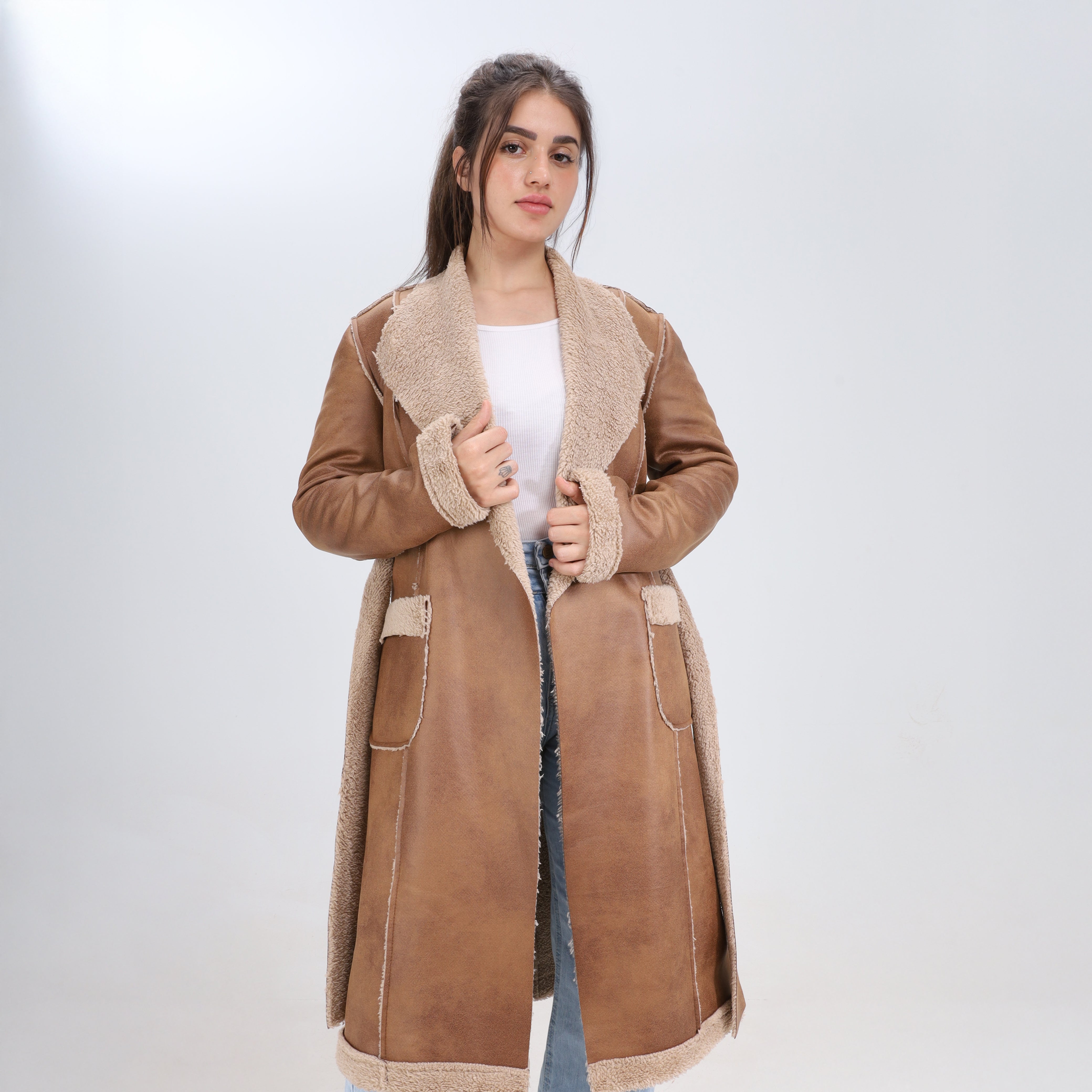 Long Faux Shearling Coat with Belt w1630172