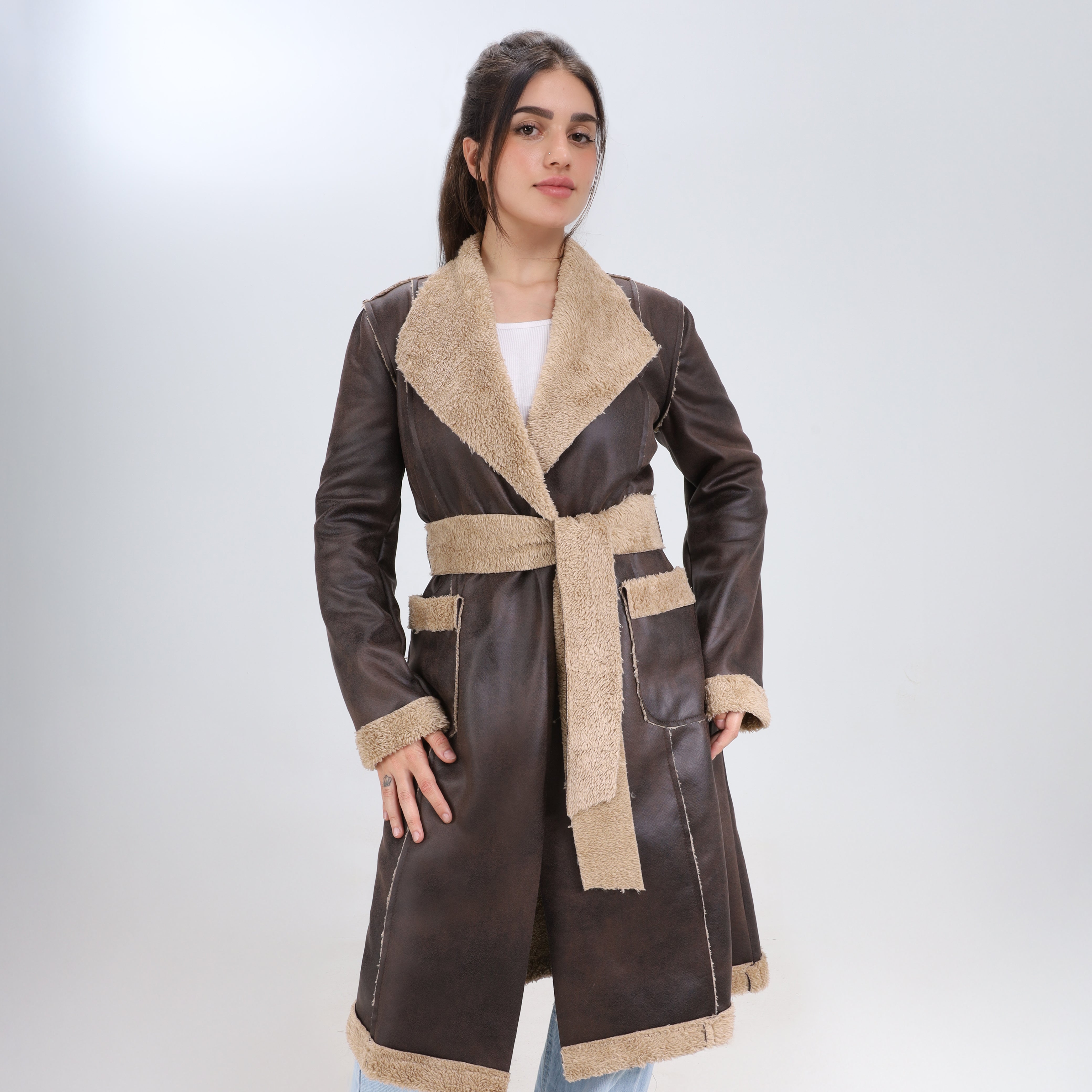 Long Faux Shearling Coat with Belt w1630172