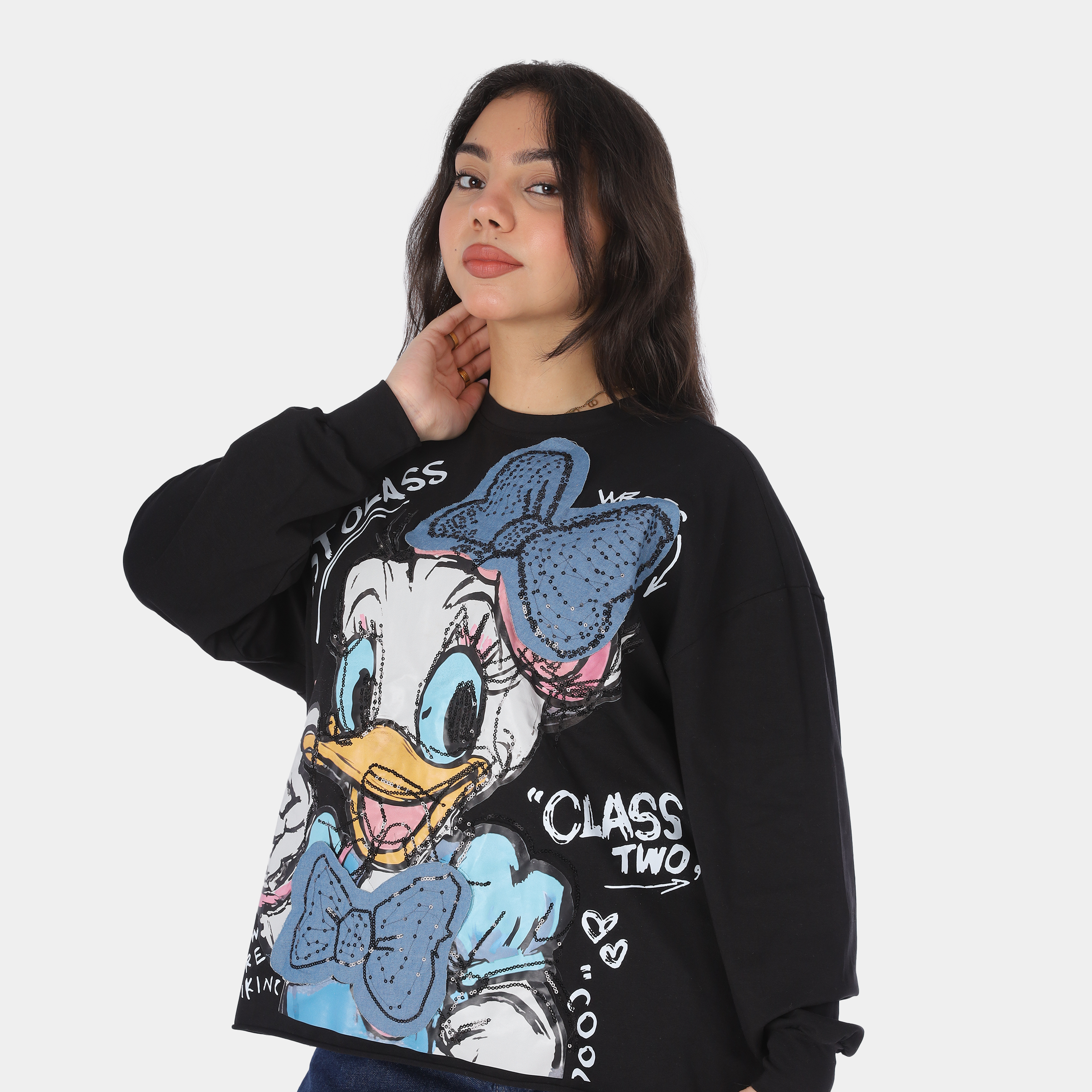 Oversized Cartoon Graphic Sweatshirt with Glitter Embroidery 2073C993
