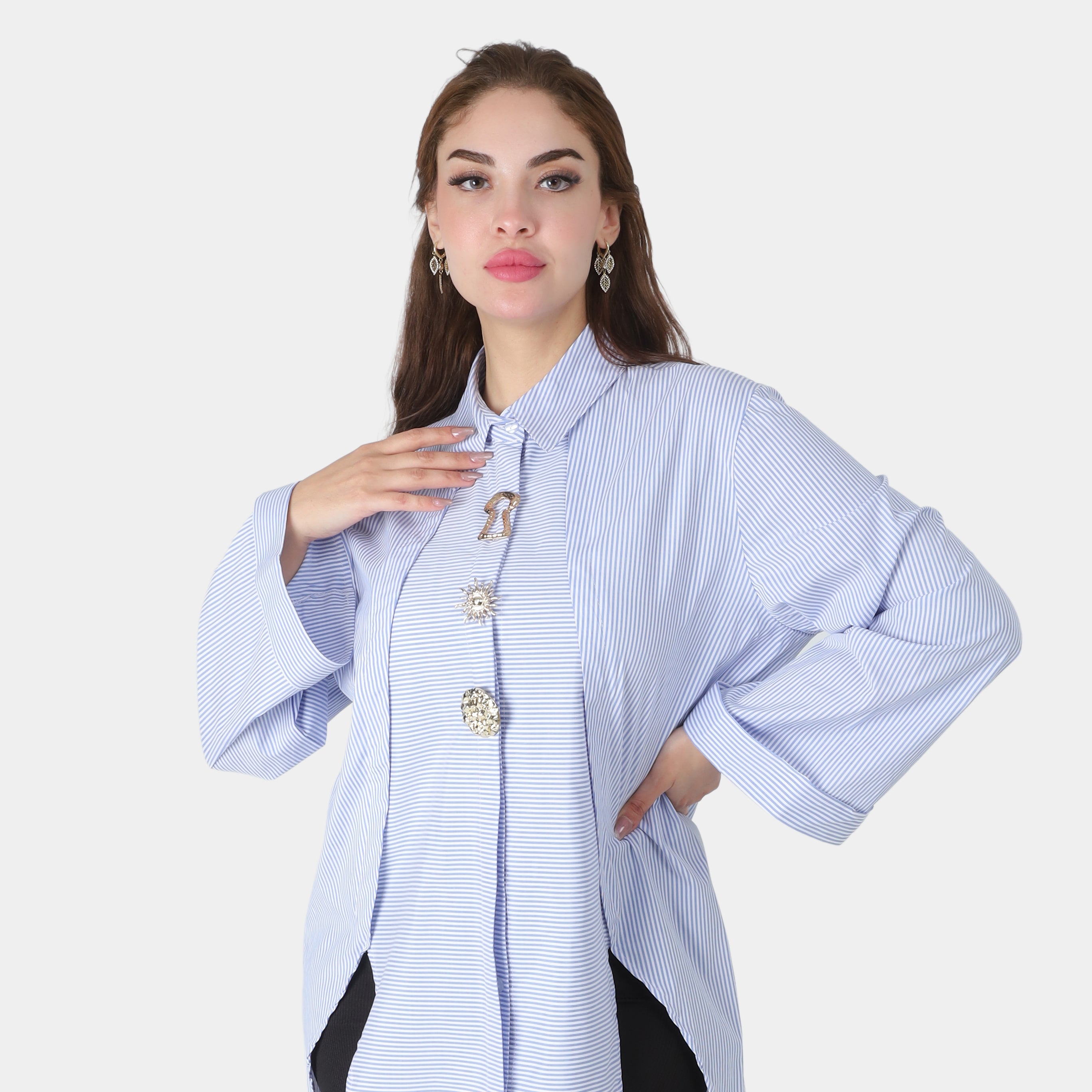Striped Long Poplin Shirt with Decorative Buttons 2000/165/1