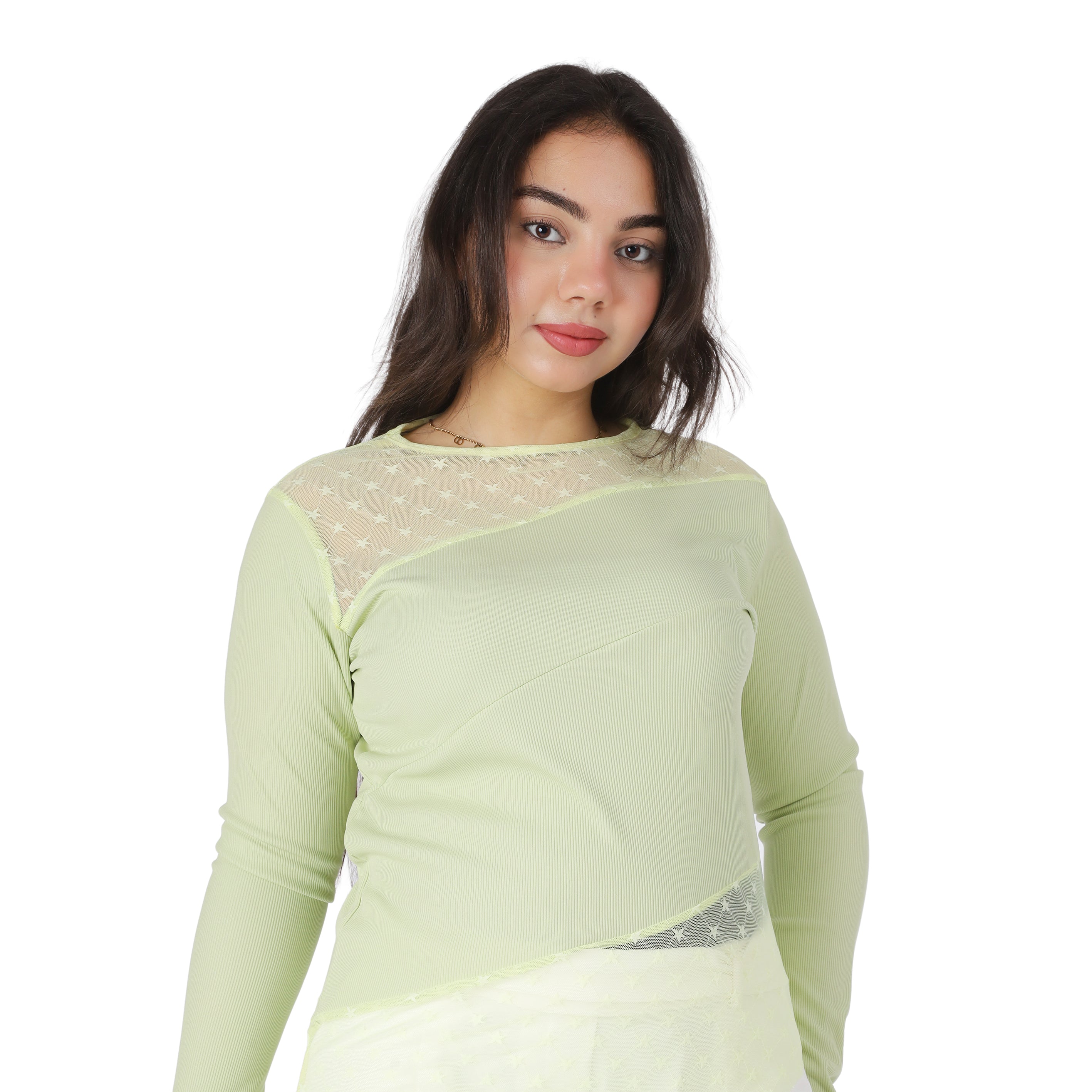 Ribbed Mesh Hem Long Sleeve Top 2000/244