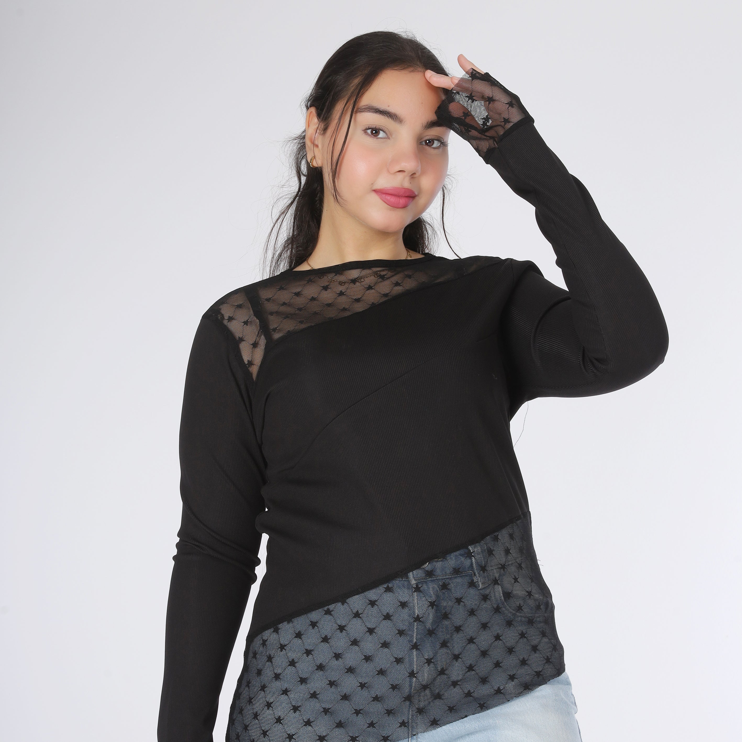 Ribbed Mesh Hem Long Sleeve Top 2000/244