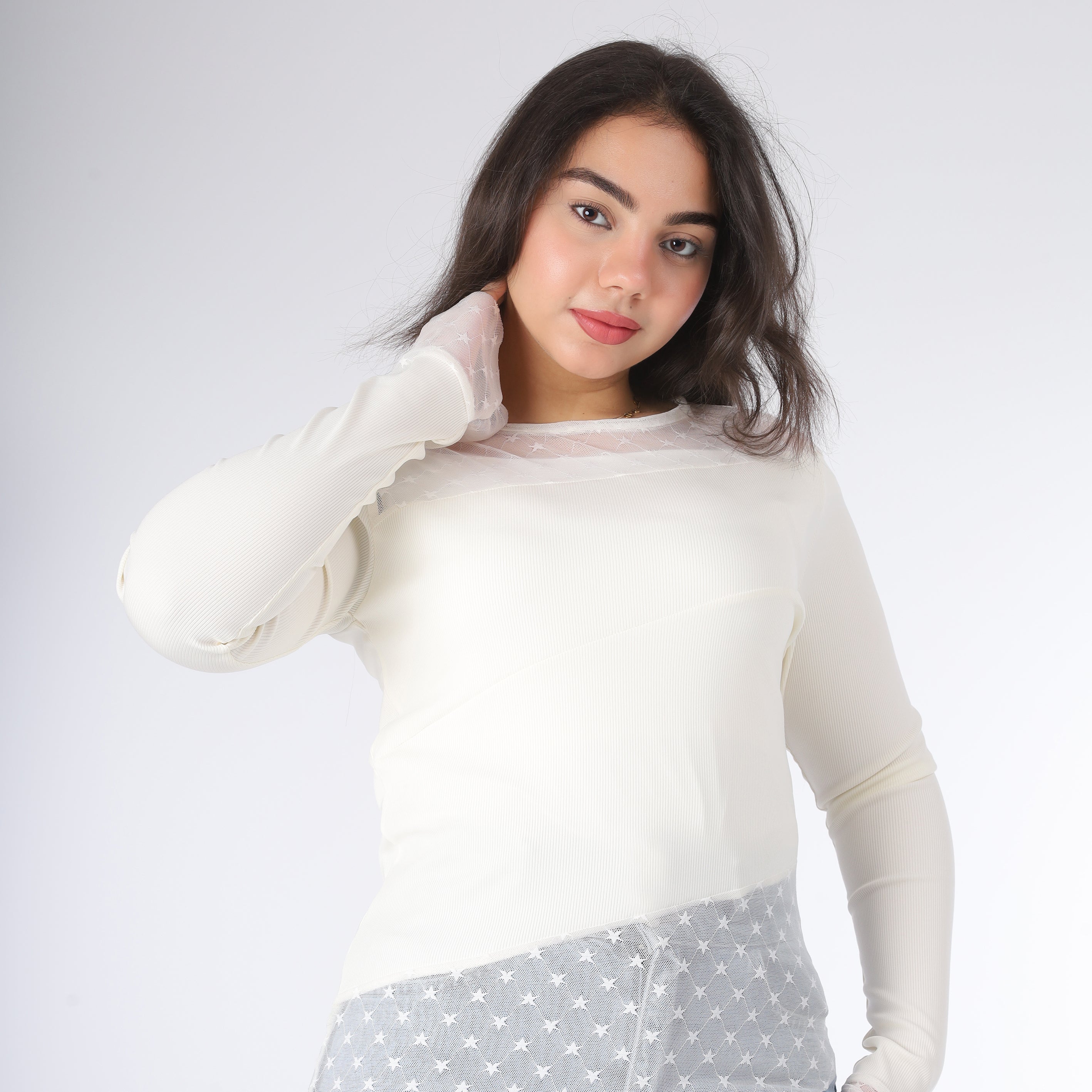Ribbed Mesh Hem Long Sleeve Top 2000/244