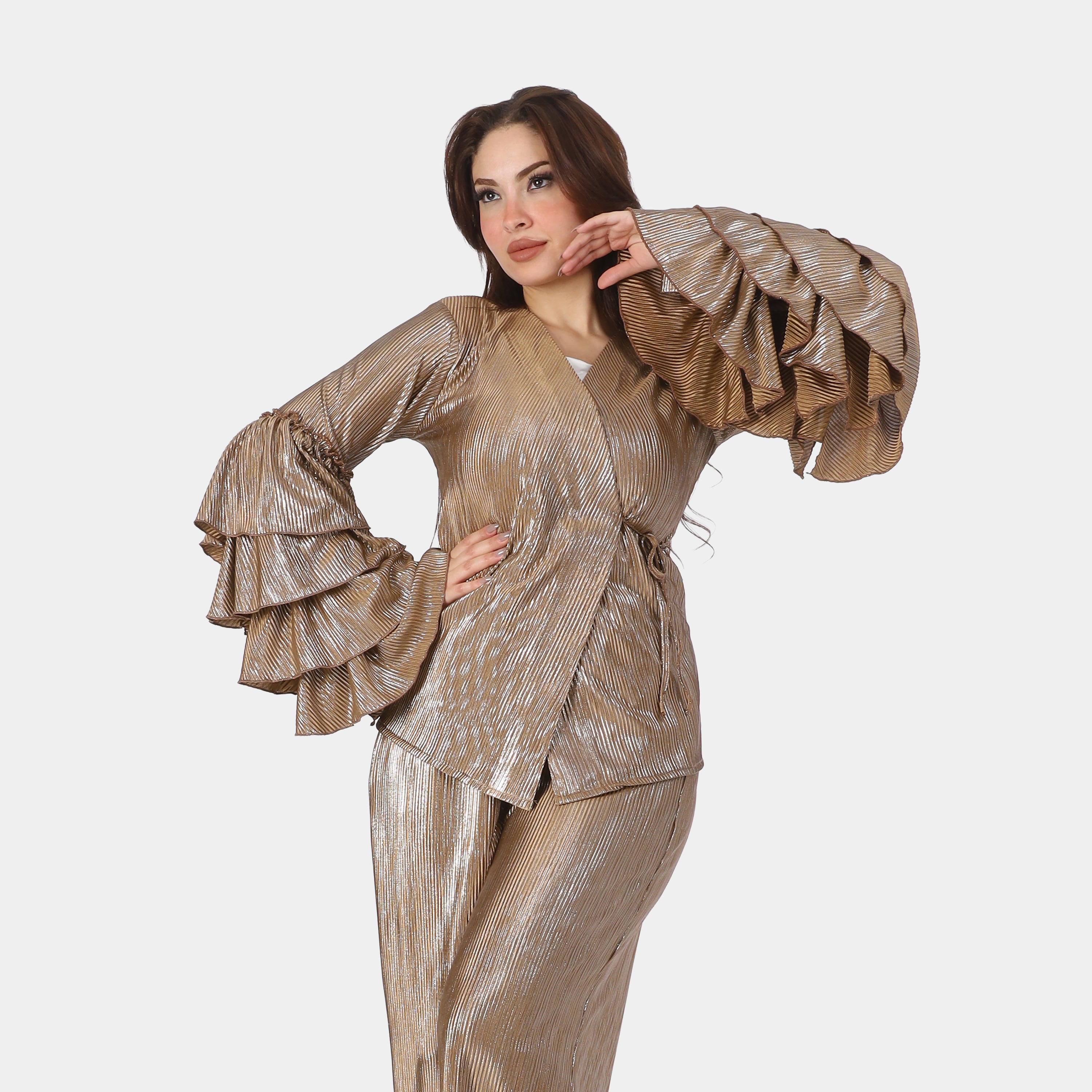 Metallic Wrap Blouse & Wide-Leg Pants Ensemble 2002/068/1