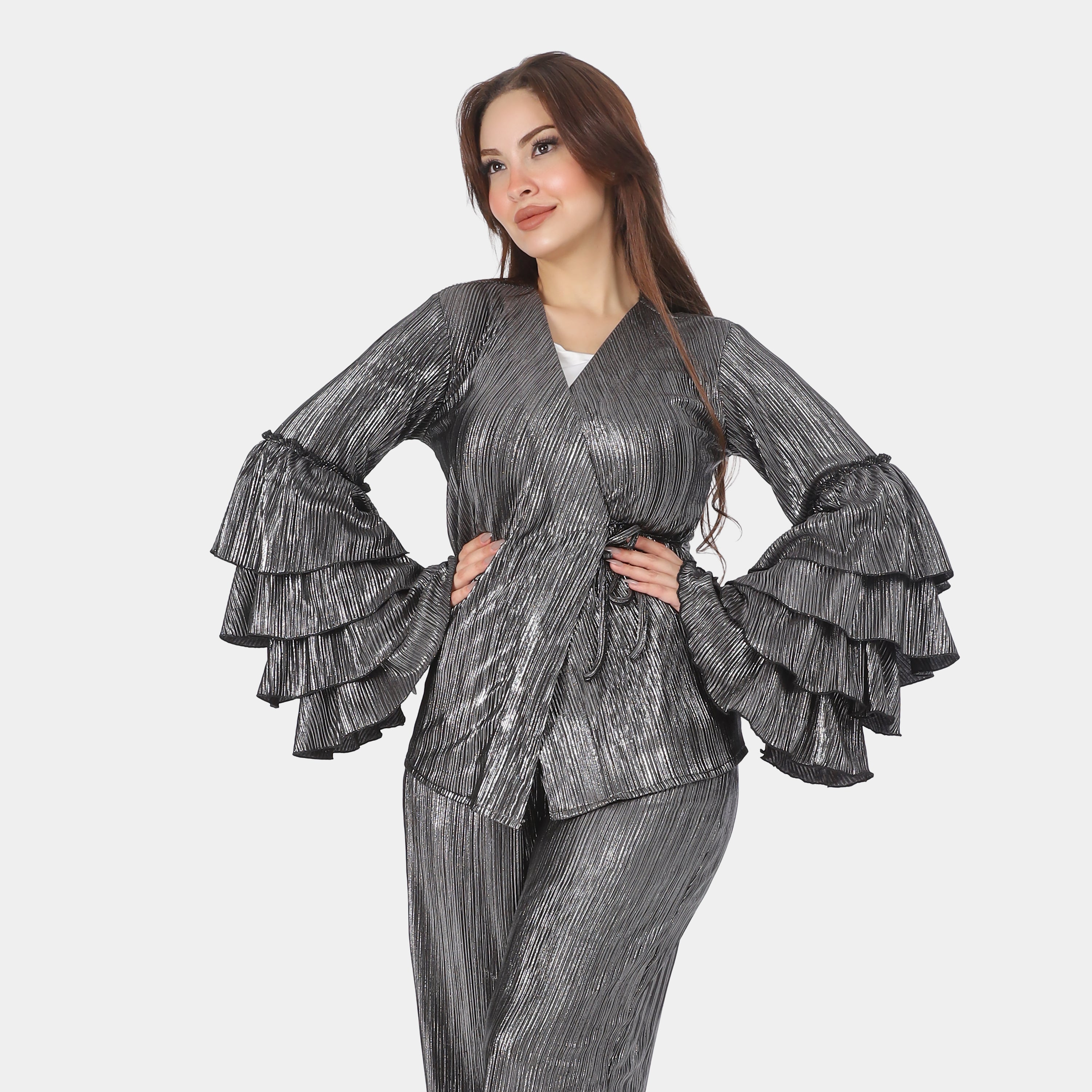 Metallic Wrap Blouse & Wide-Leg Pants Ensemble 2002/068/1