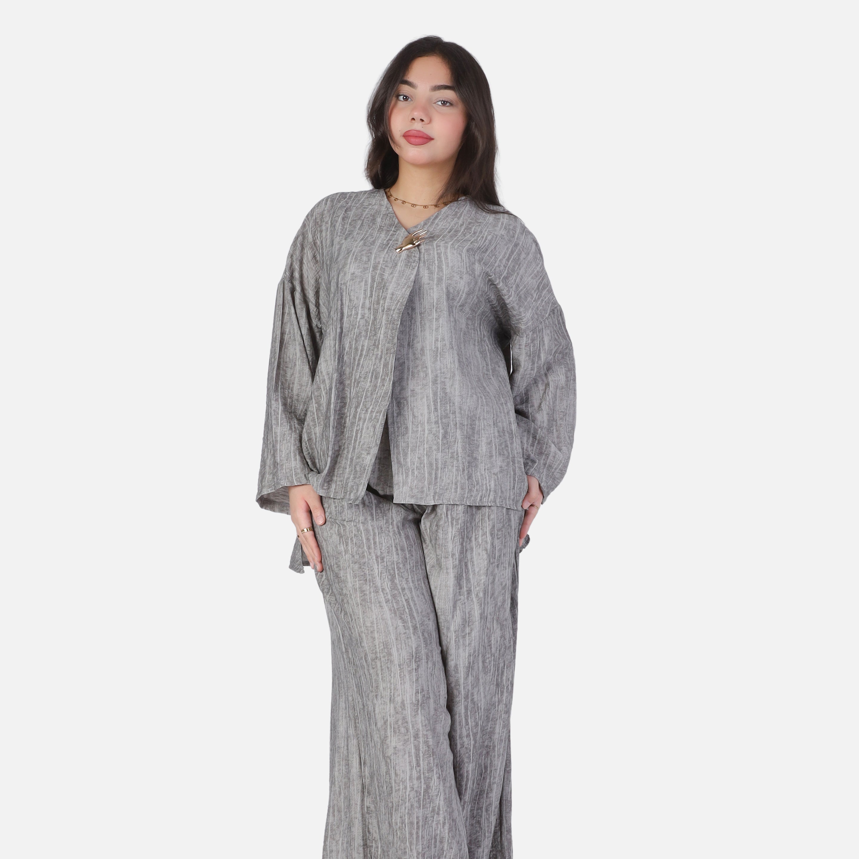 Casual Open-Front Blouse & Wide-Leg Pants Set 2002/237