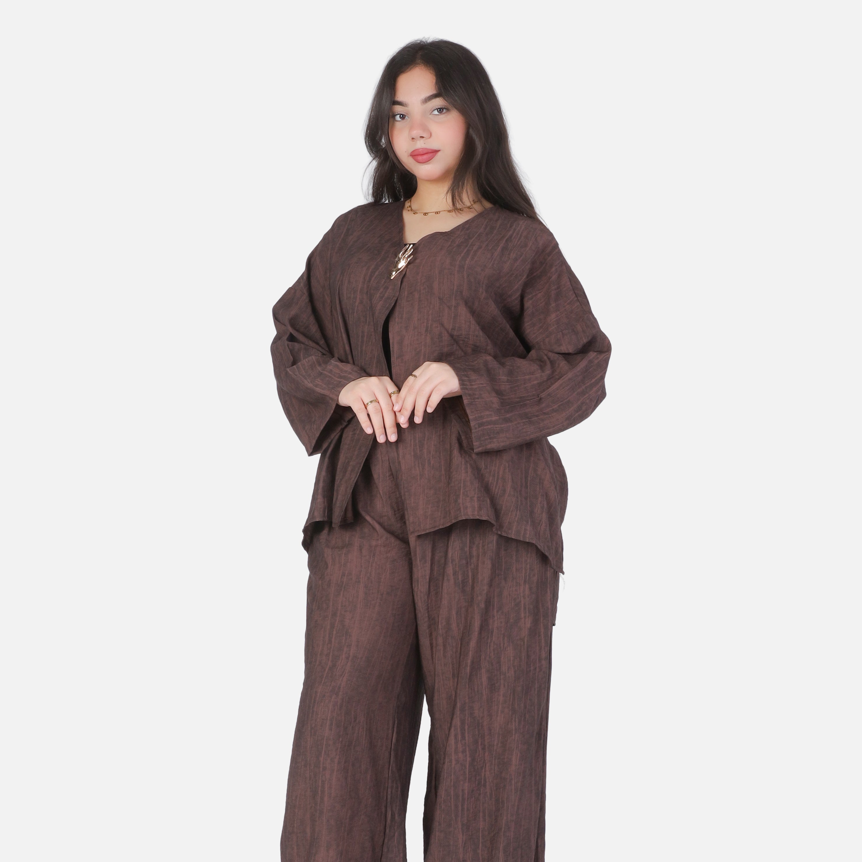 Casual Open-Front Blouse & Wide-Leg Pants Set 2002/237