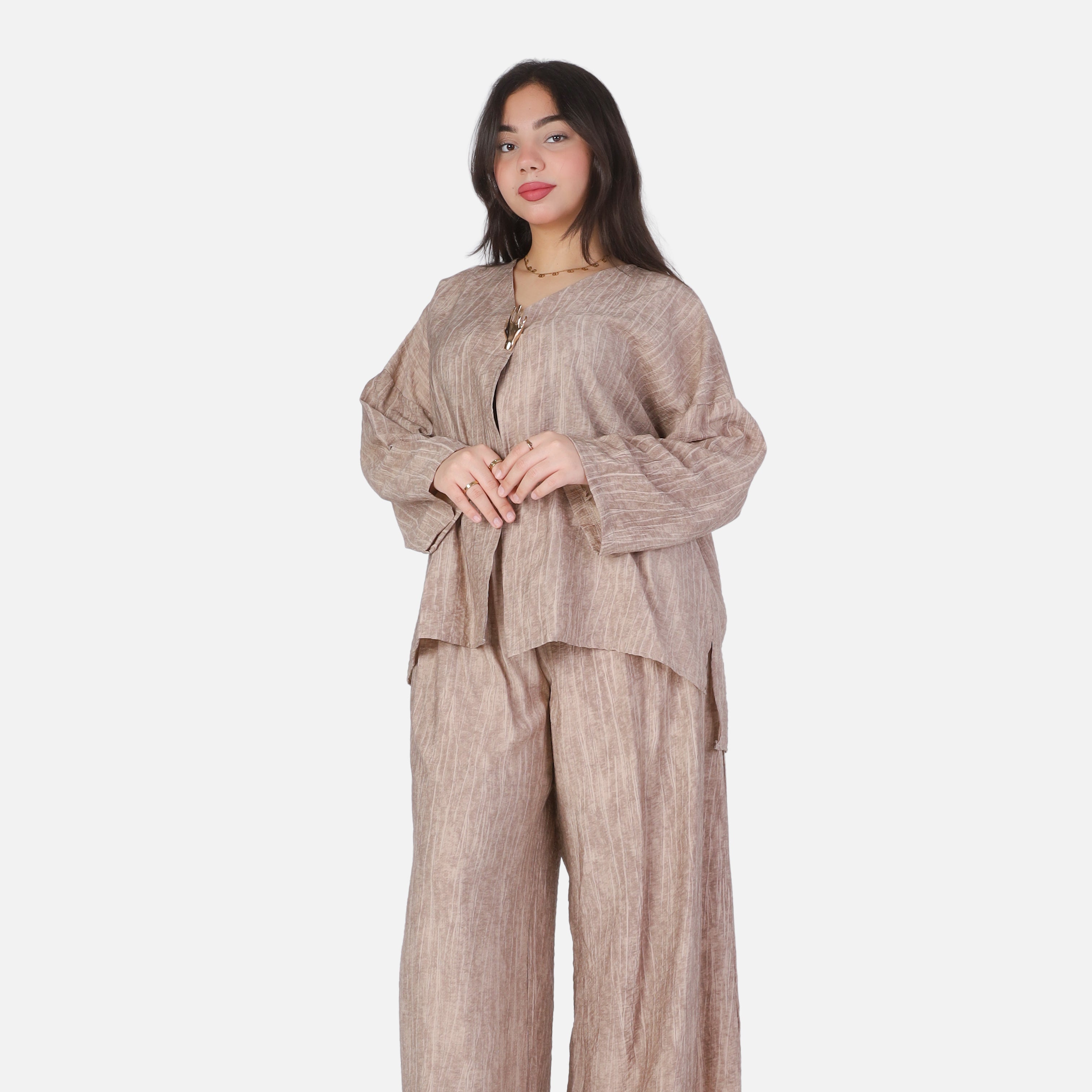 Casual Open-Front Blouse & Wide-Leg Pants Set 2002/237