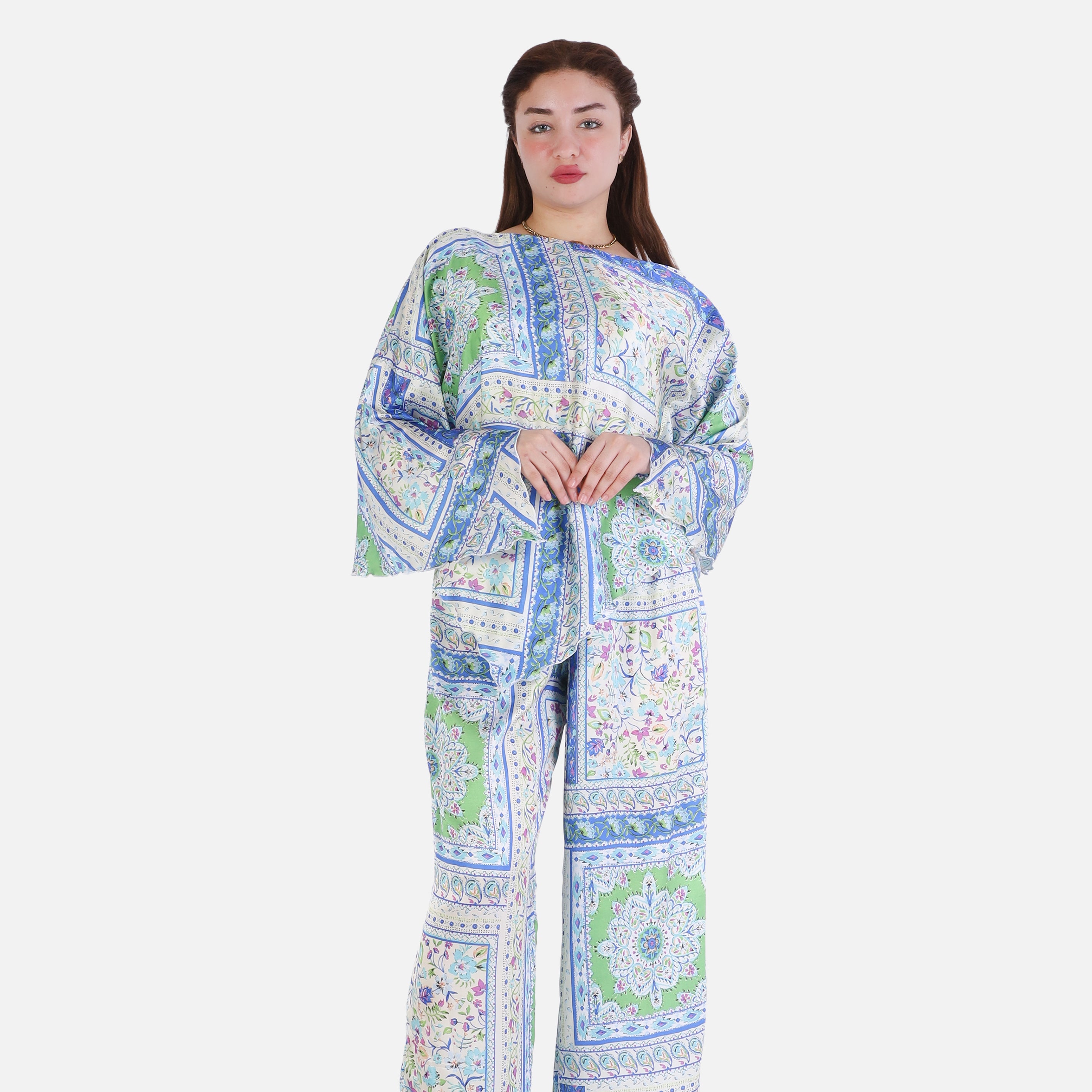 Floral Satin Paisley Print Wide-Leg Two-Piece Set 2002/274