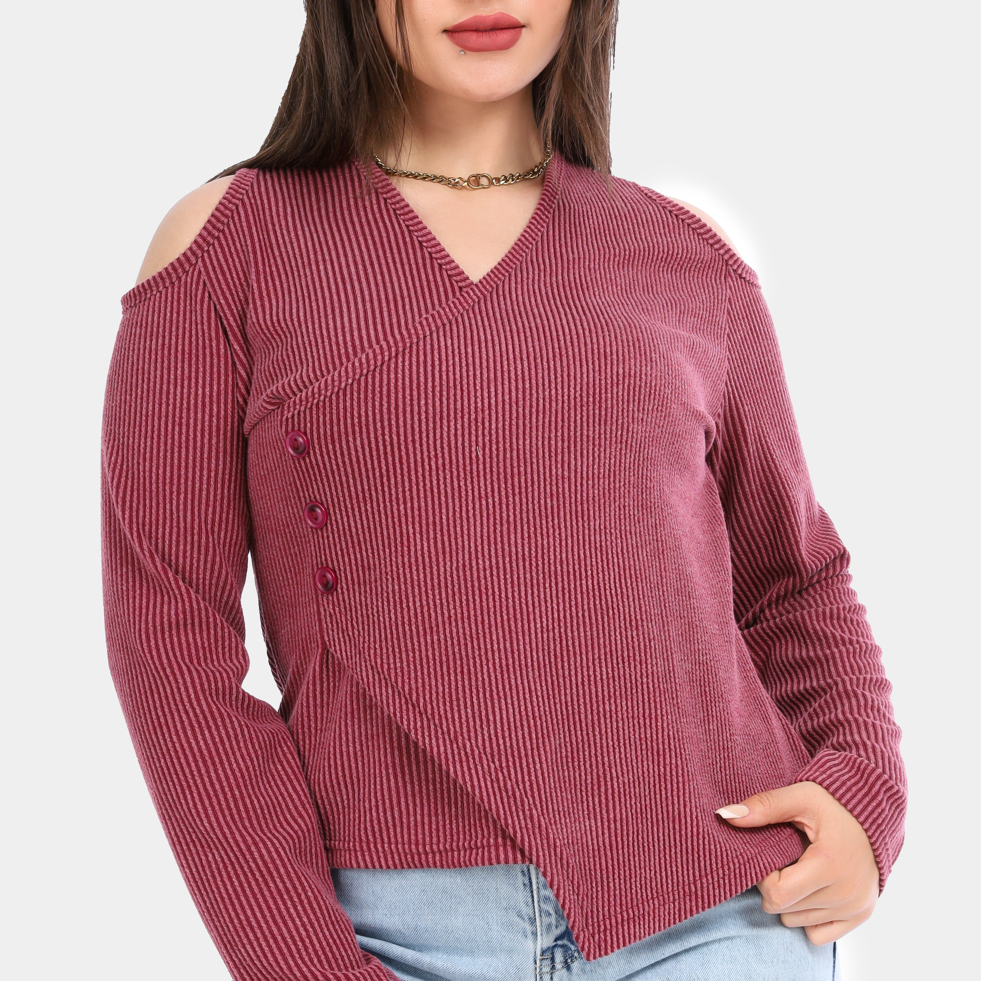 Ribbed Cold Shoulder Wrap Top 2003/011