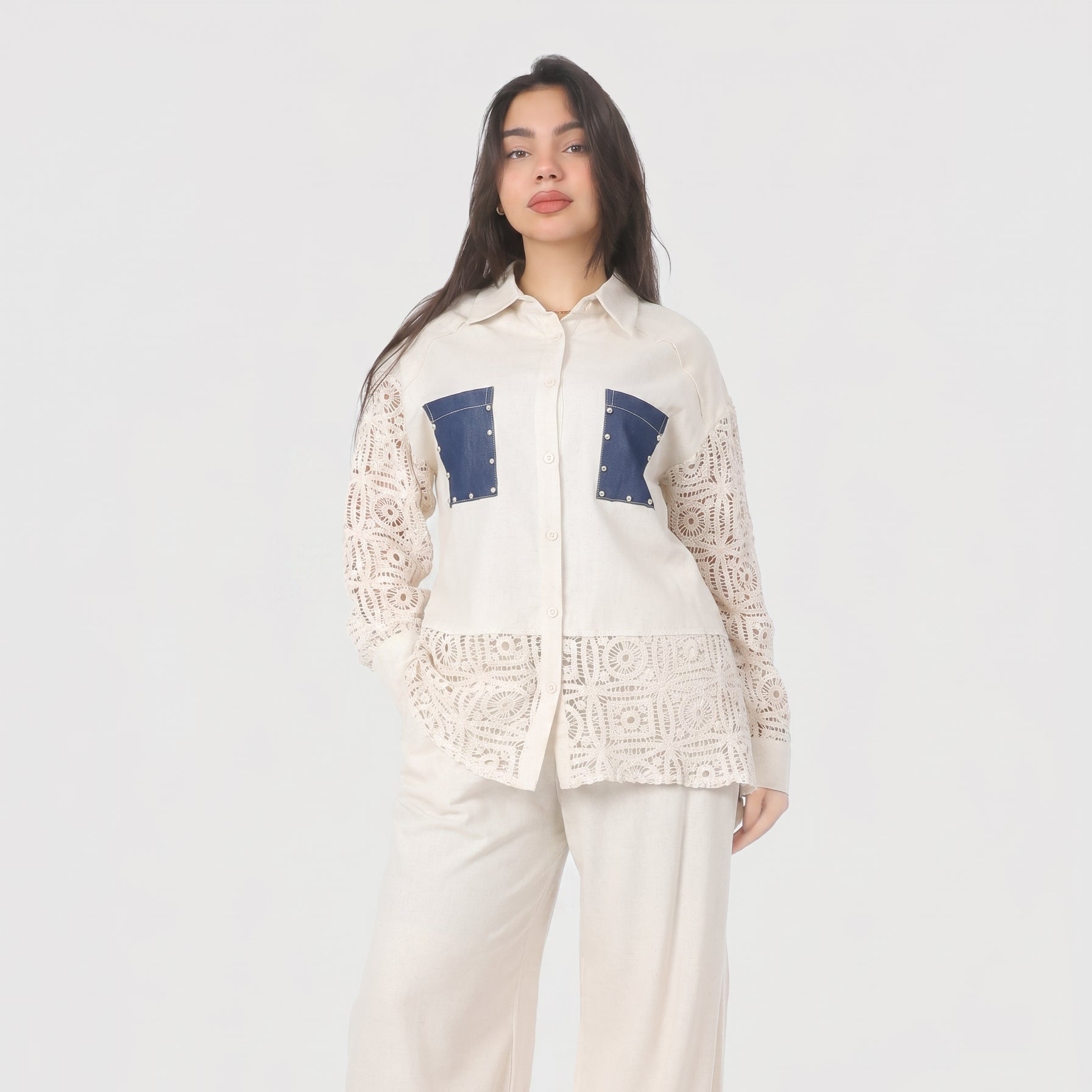 Lace Panel Shirt & Wide-Leg Pants Co-Ord Set 2003/059