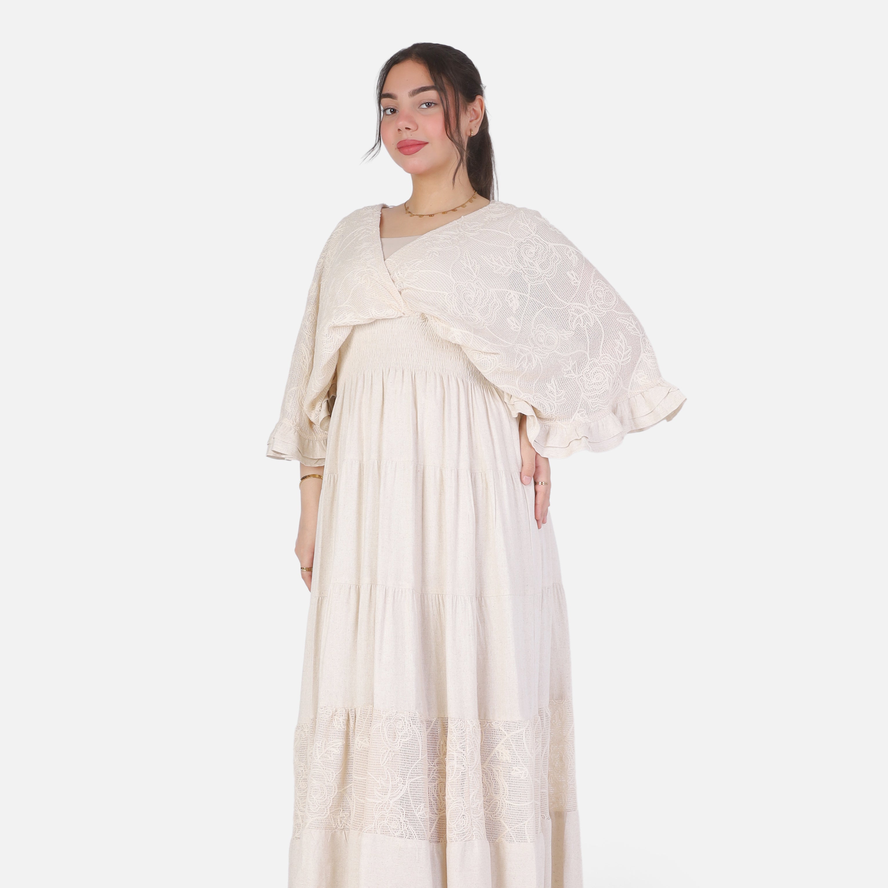 Linen Maxi Dress with Lace Sleeves 2003/070