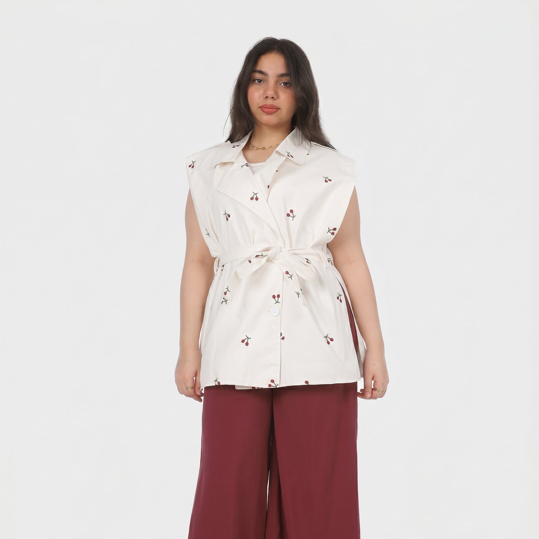 Long Sleeveless Gabardine Jacket with Waist Belt 2003/095