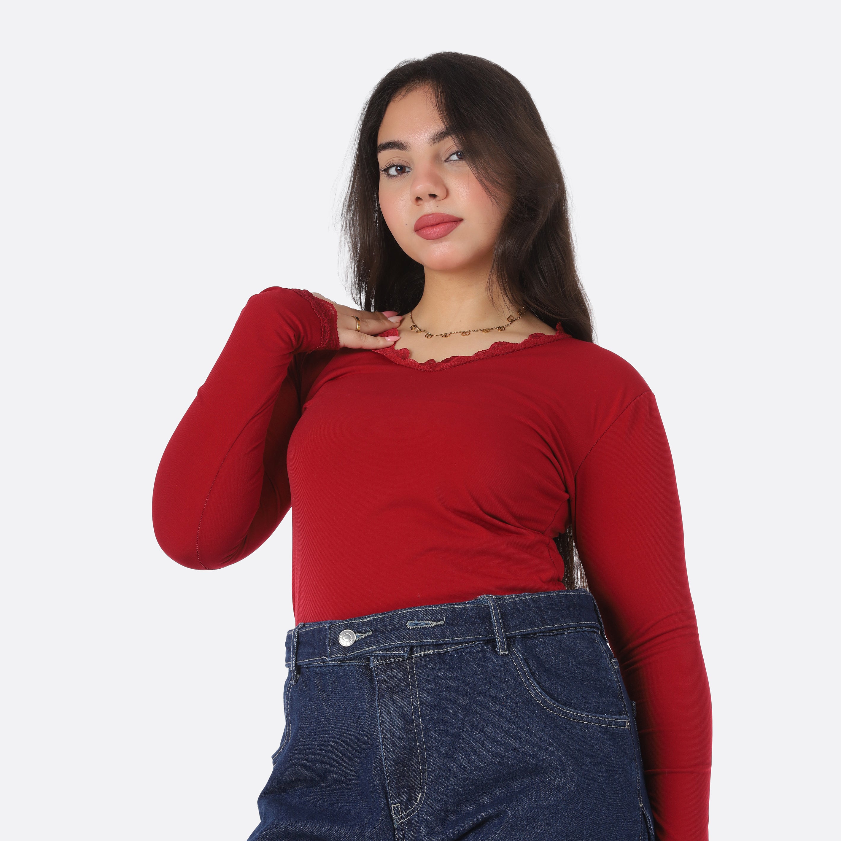Basic V-Neck Lace Trim Top 2011/176