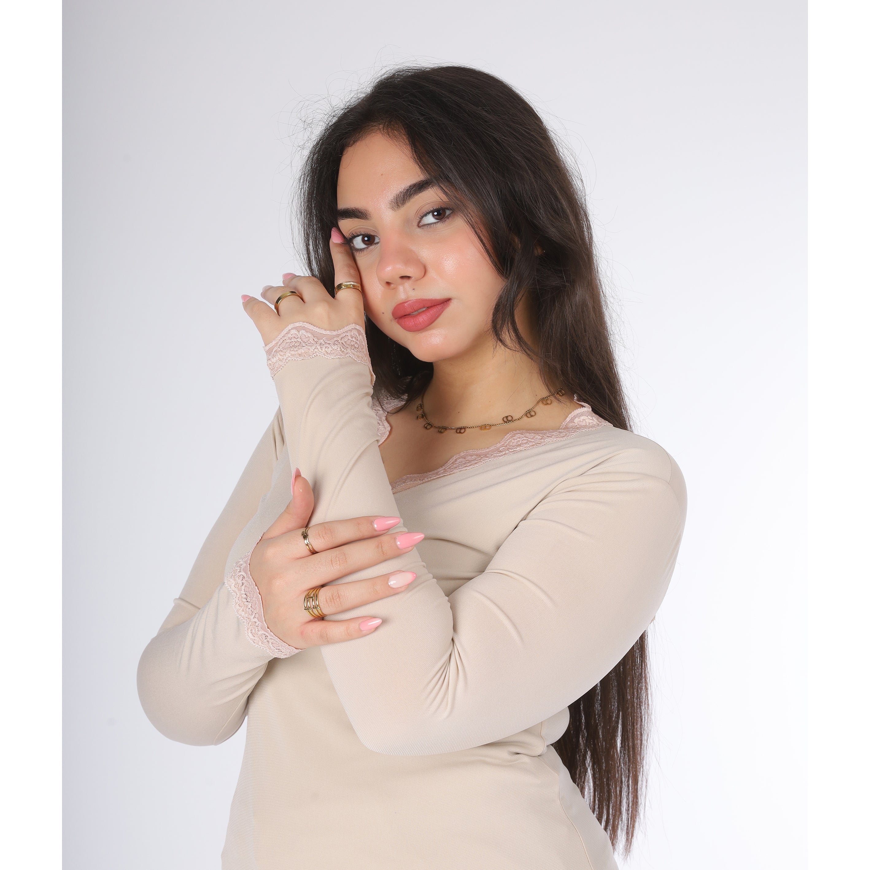 Basic V-Neck Lace Trim Top 2011/176