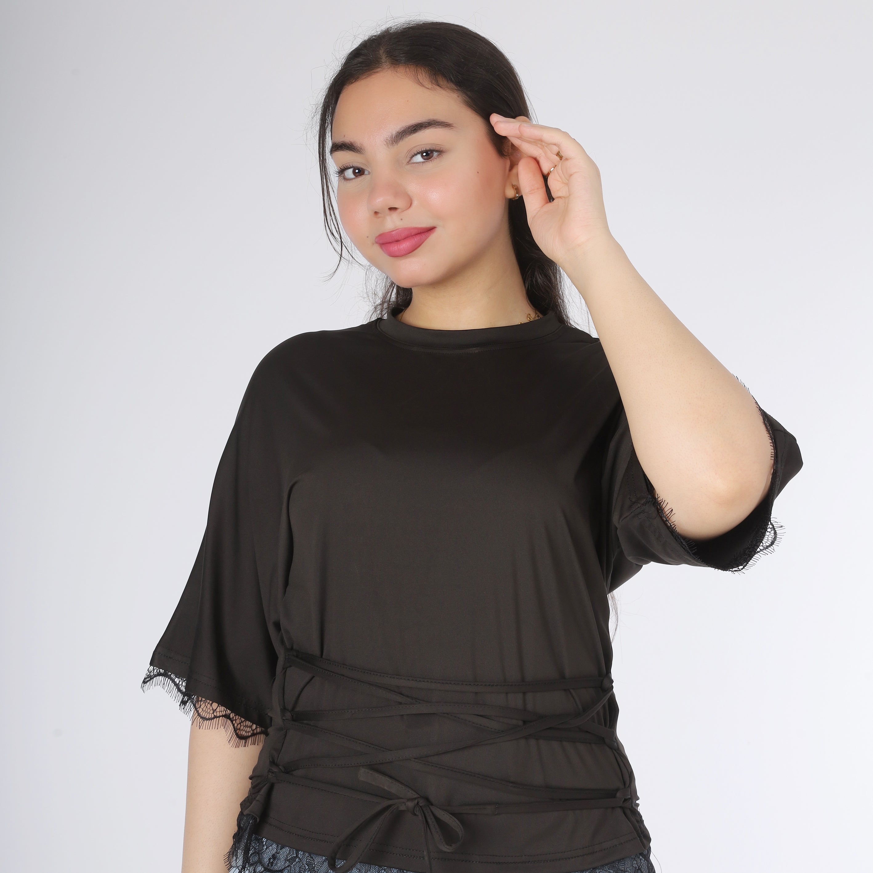 Elegant Lace Trim Blouse with Front Waist Tie 2011/250