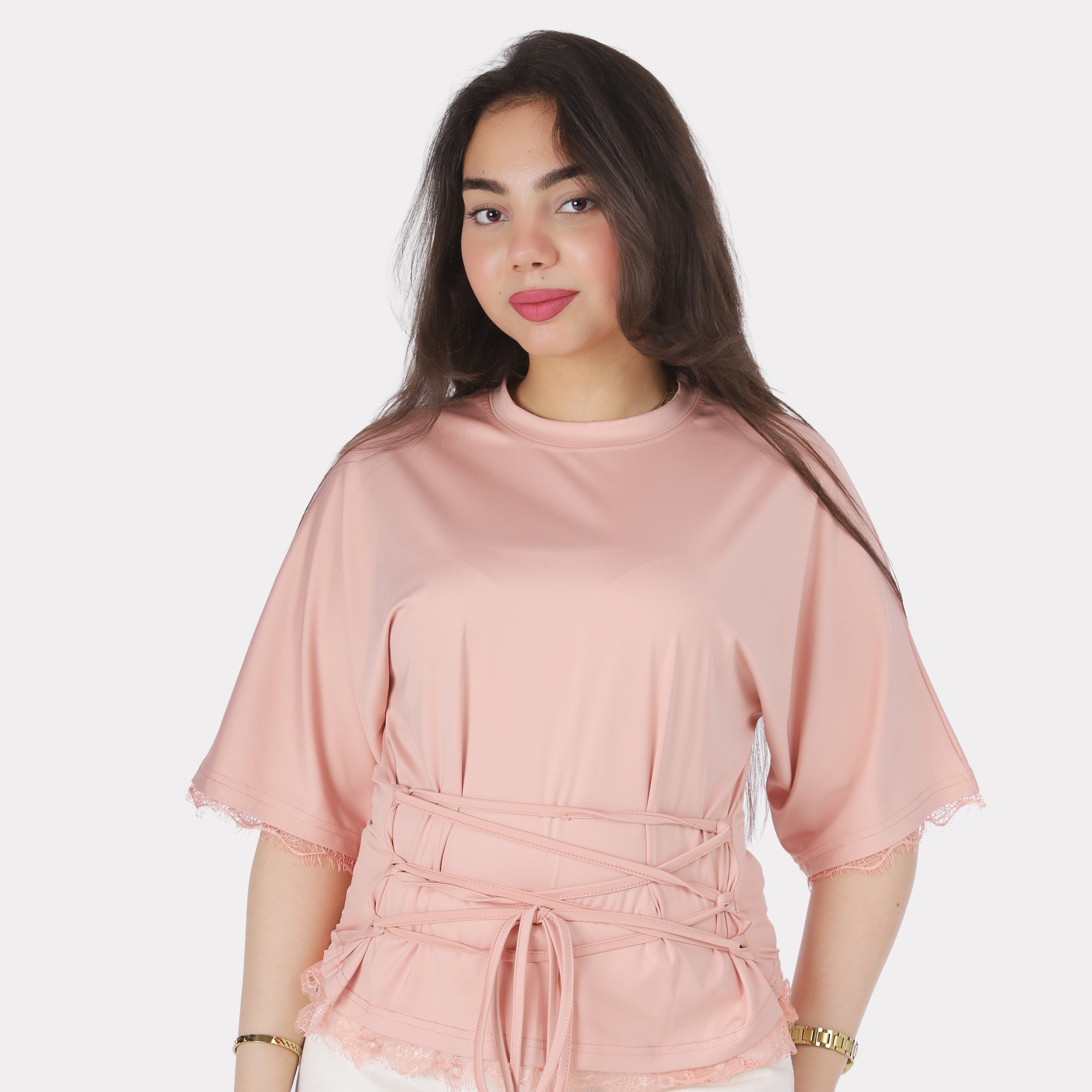 Elegant Lace Trim Blouse with Front Waist Tie 2011/250