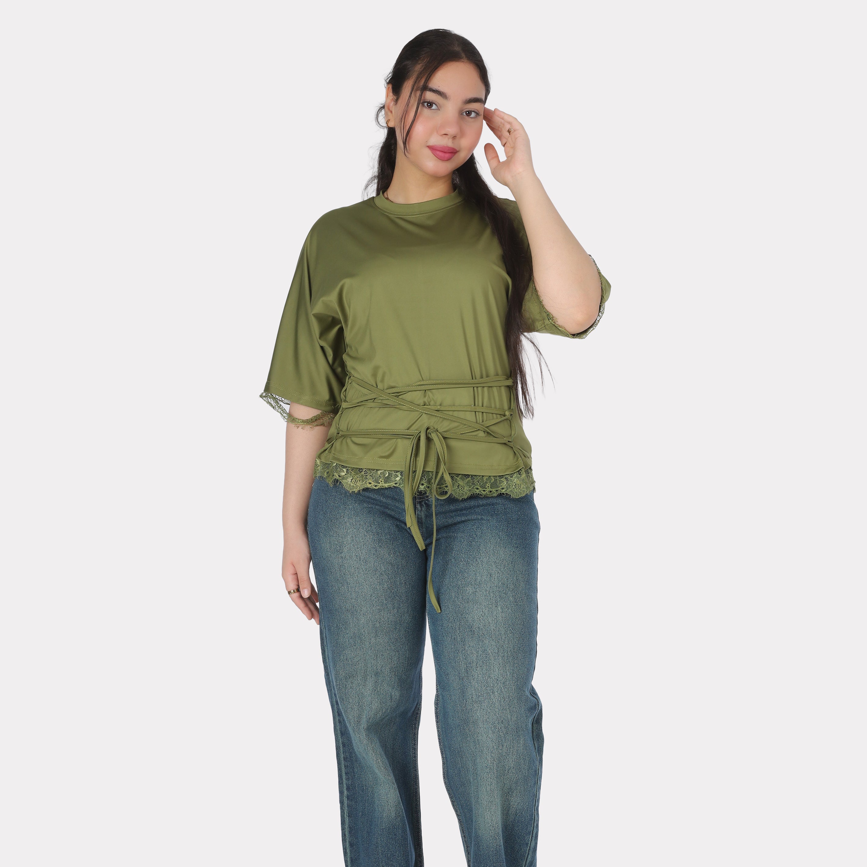 Elegant Lace Trim Blouse with Front Waist Tie 2011/250
