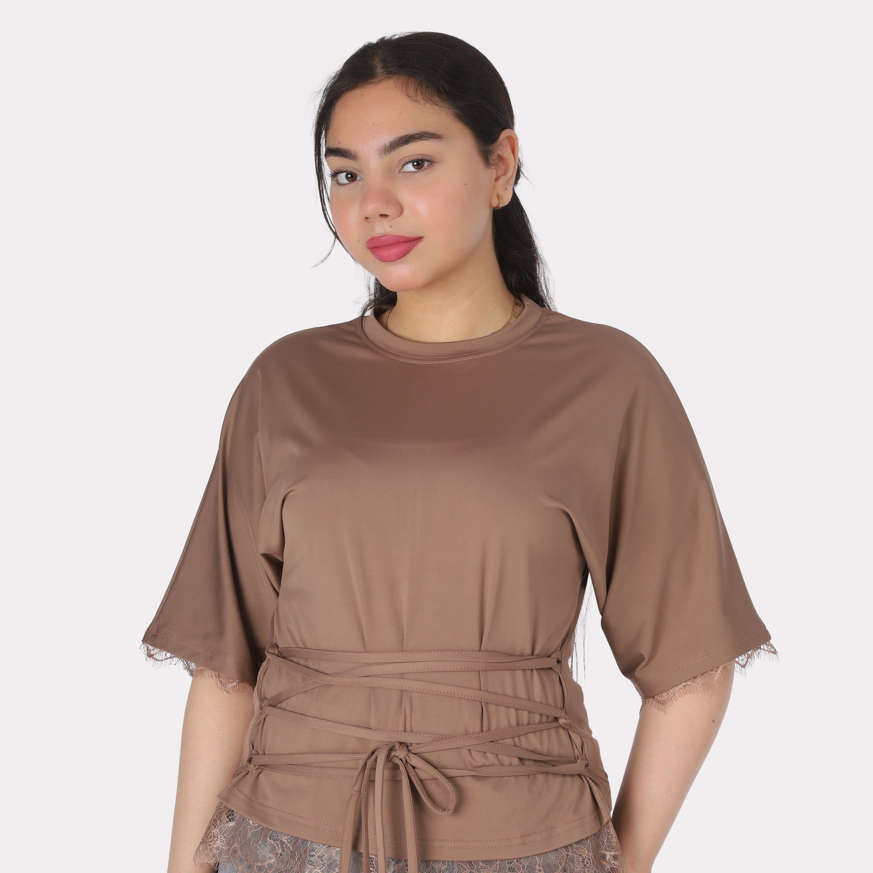 Elegant Lace Trim Blouse with Front Waist Tie 2011/250