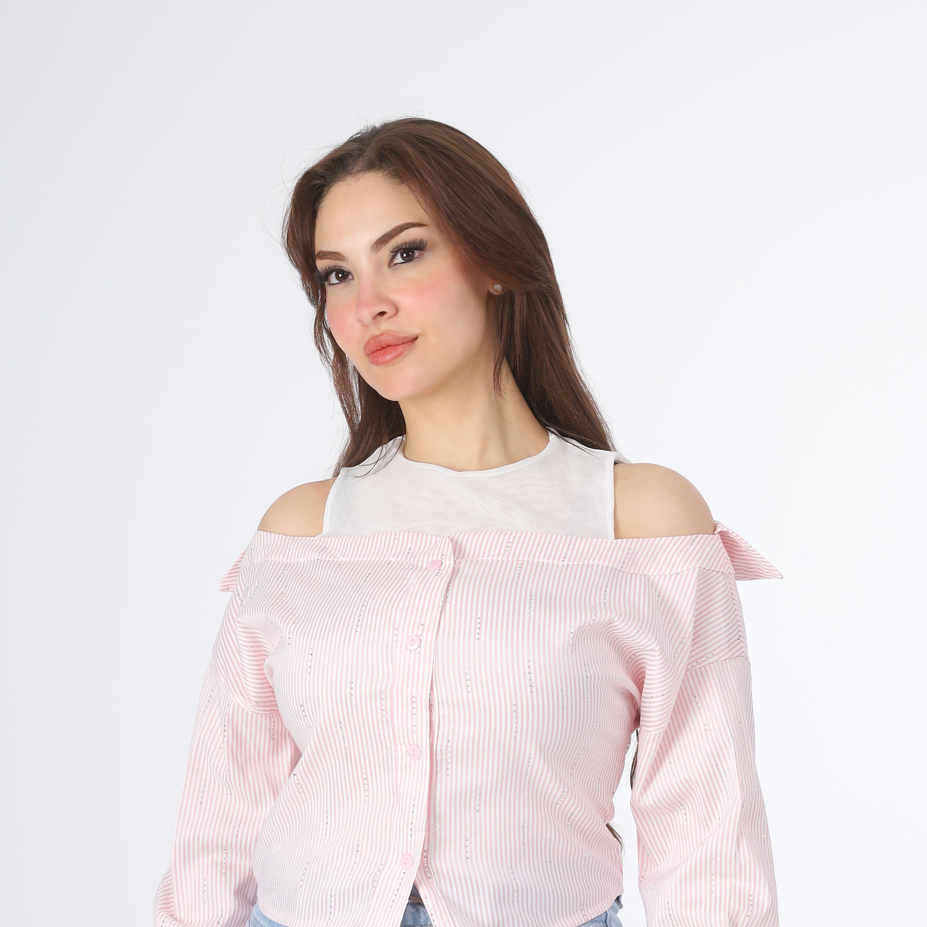 Off-Shoulder Striped Long Sleeve Blouse 20522056